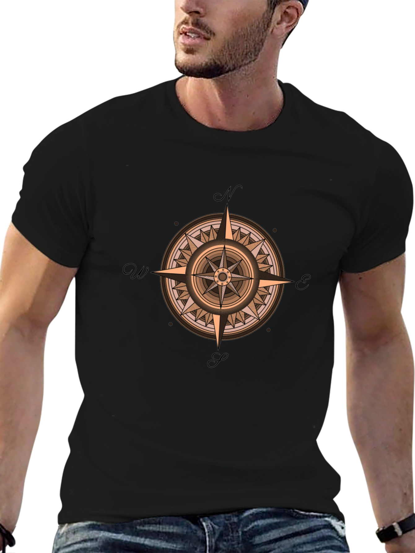 Black Compass Rose Graphic Print Crew Neck T-Shirt view 6