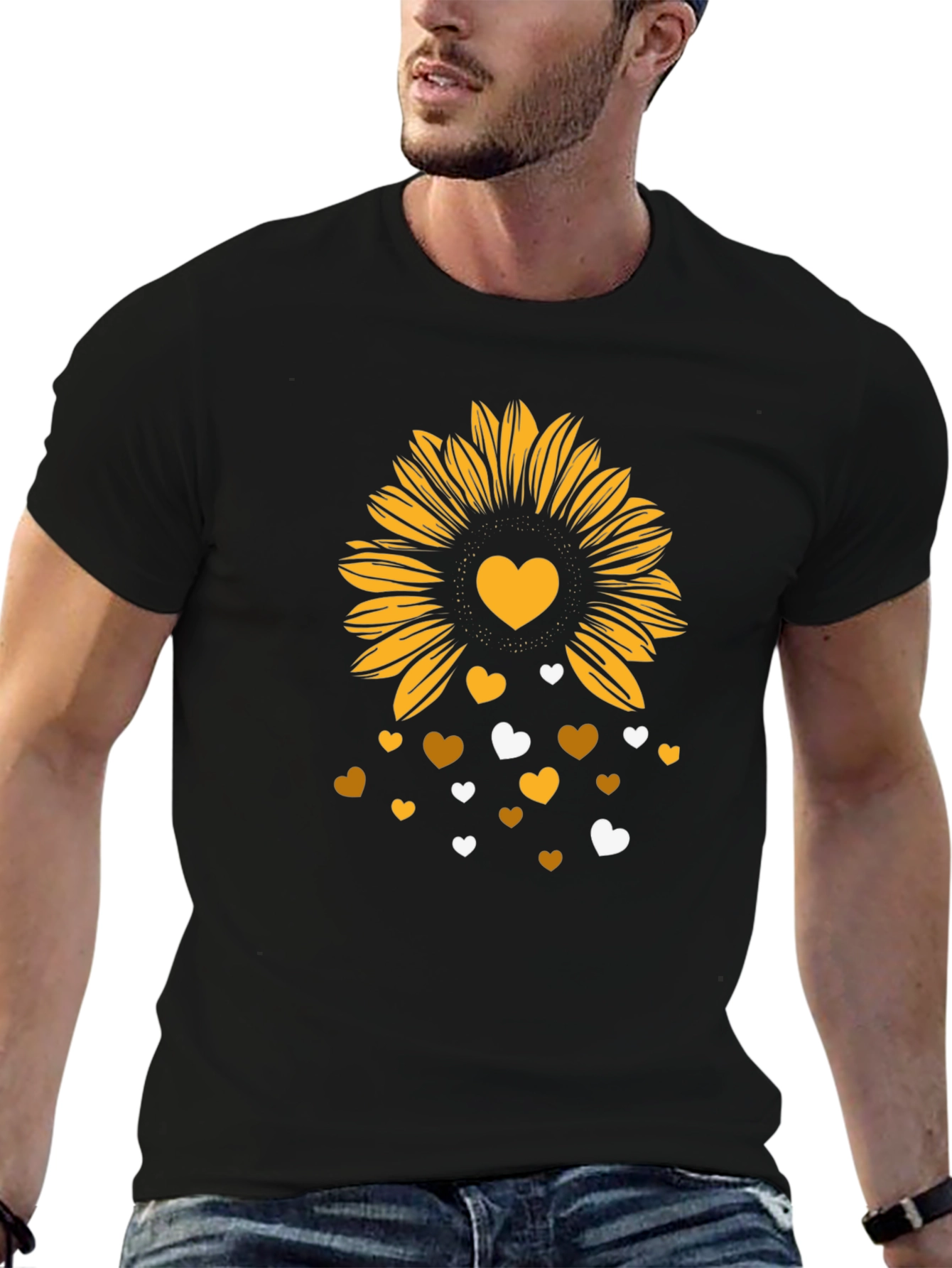 Black Sunflower Heart Graphic Tee - Stylish Men's Black T-Shirt view 6