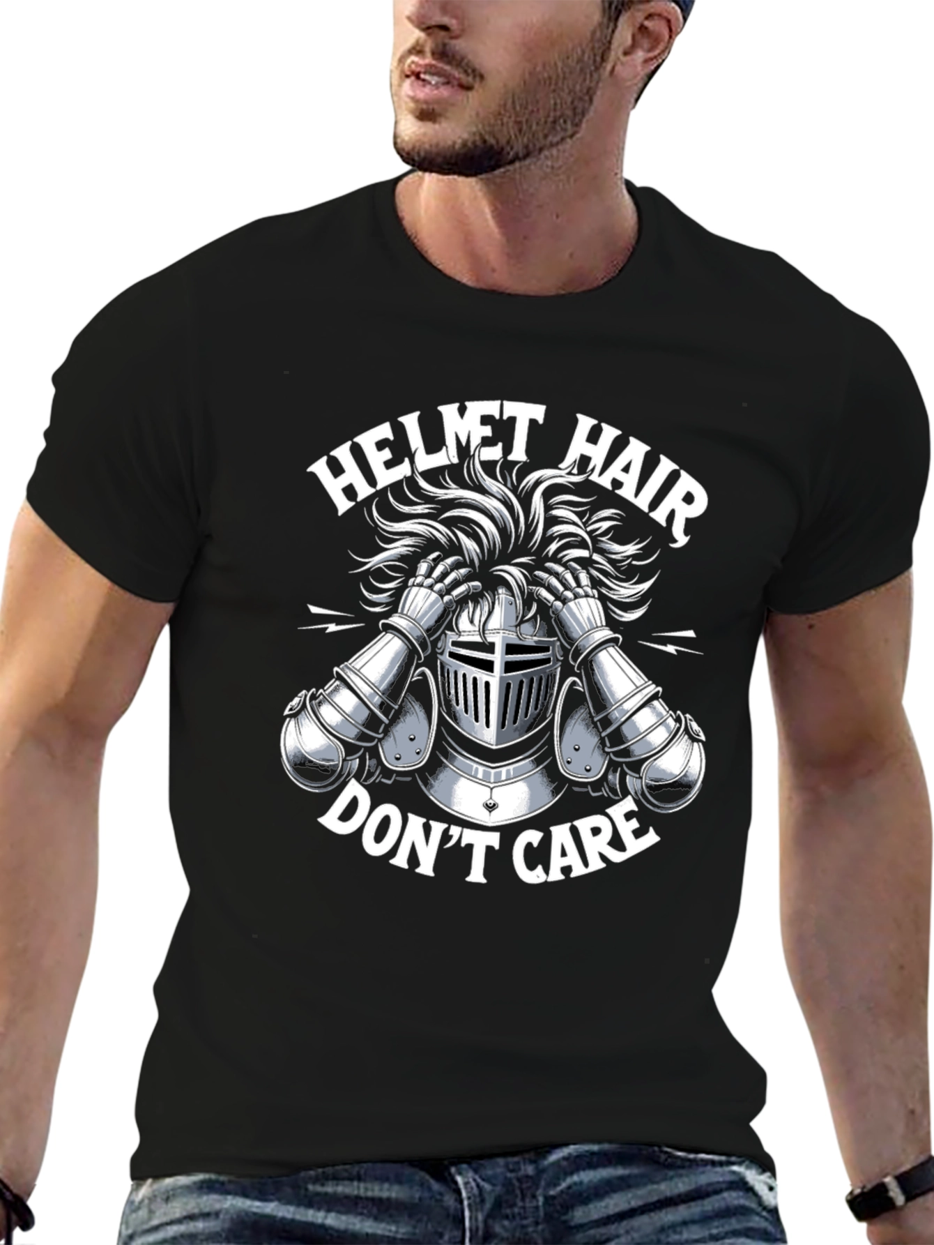 Black Helmet Hair Don't Care Graphic Tee - Black view 6