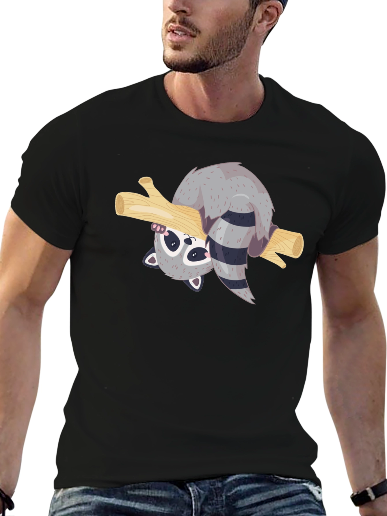 Black Cute Raccoon on Branch Black T-Shirt view 6