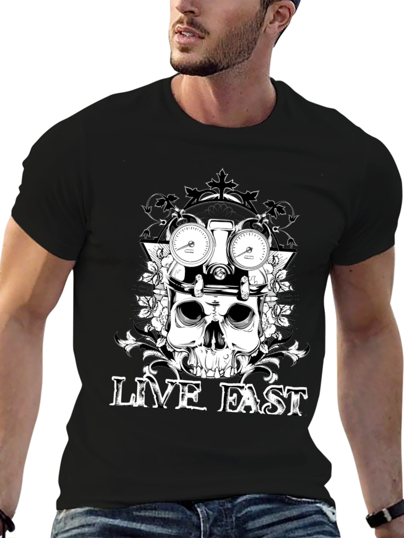 Black Live Fast Skull Graphic Tee - Black Cotton T-Shirt view 6