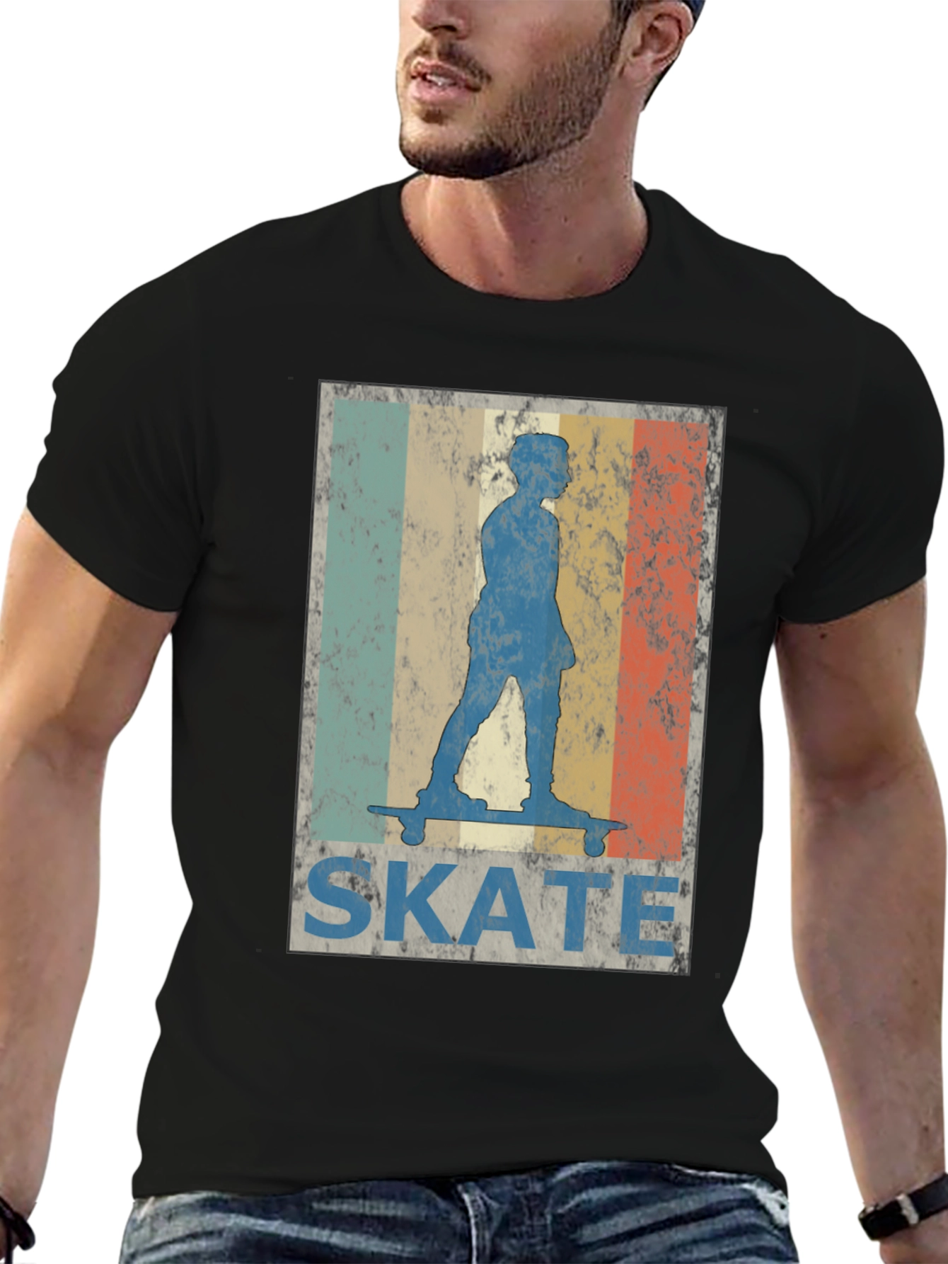 Black Retro Skate T-Shirt - Vintage Skateboarder Design view 6