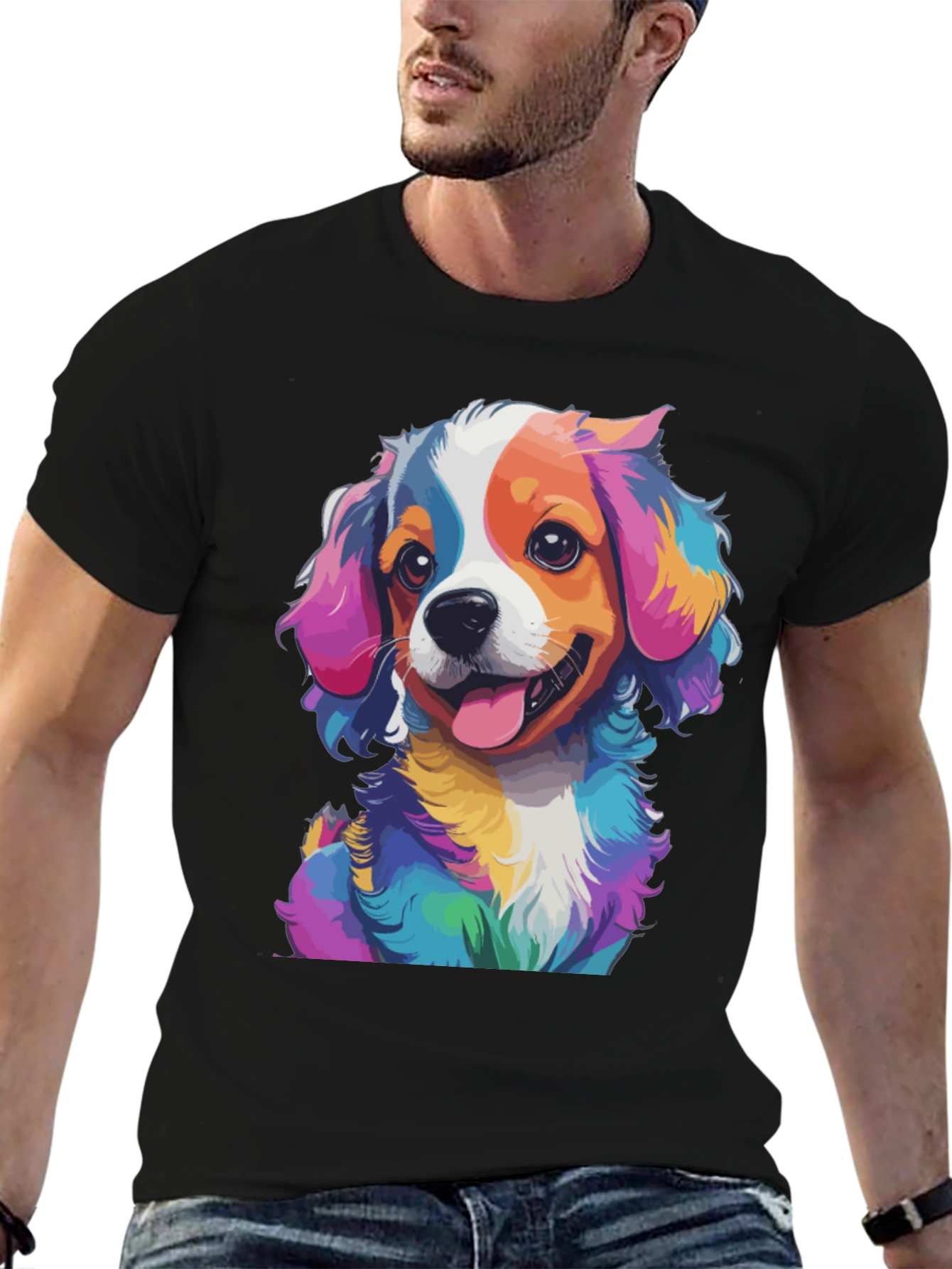 Black Colorful Dog Graphic Tee - Men's Black T-Shirt view 6