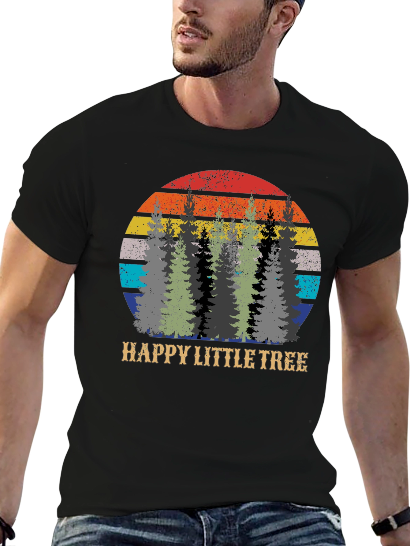 Black Happy Little Tree Retro Sunset Graphic Tee view 6