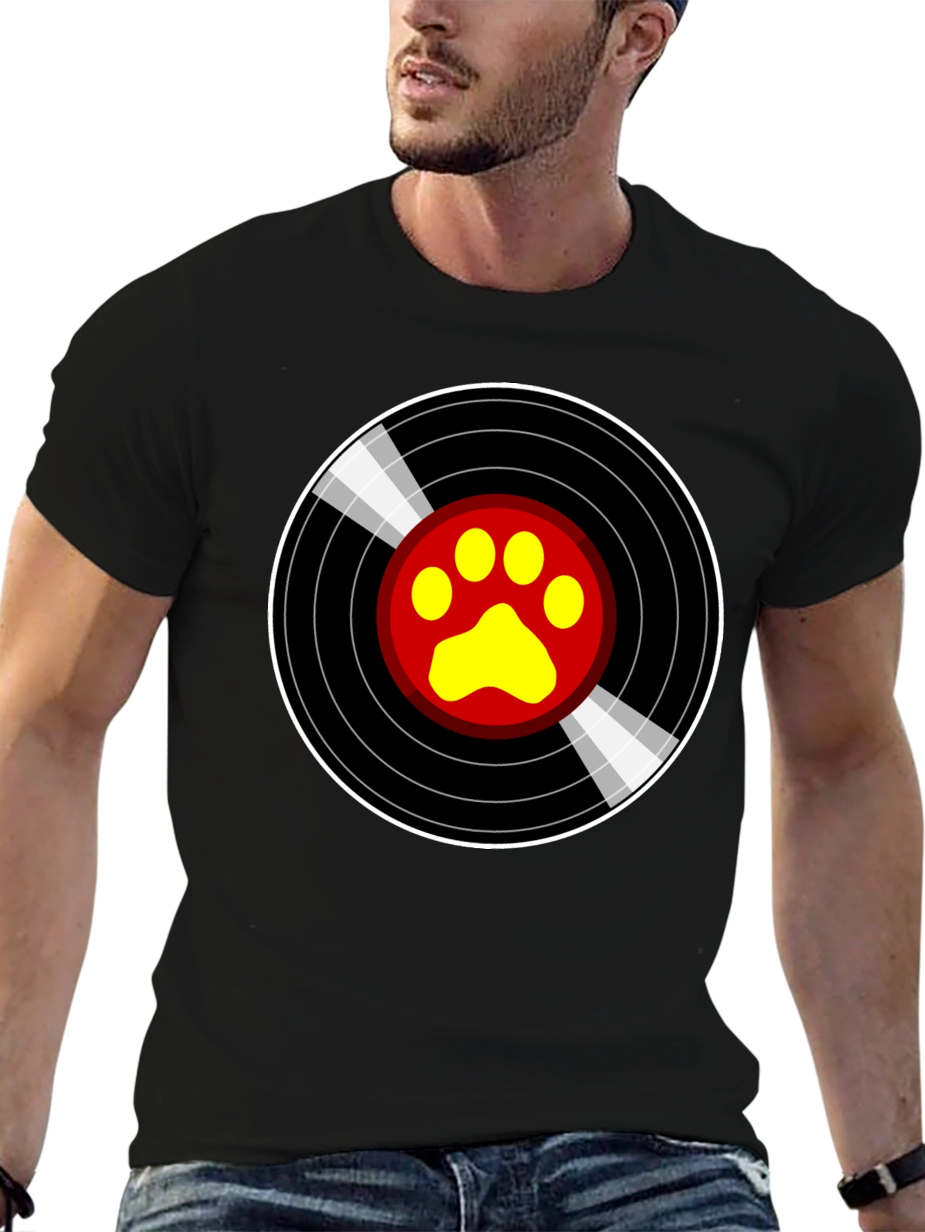 Black Vinyl Paw Print T-Shirt - Music Loving Pet Owner view 6