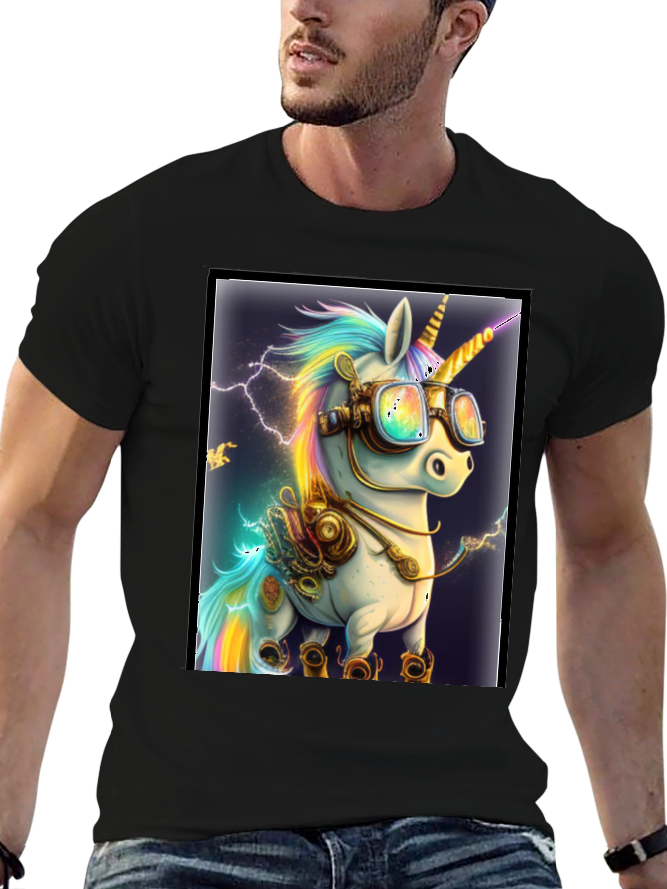 Black Steampunk Unicorn Graphic T-Shirt view 6