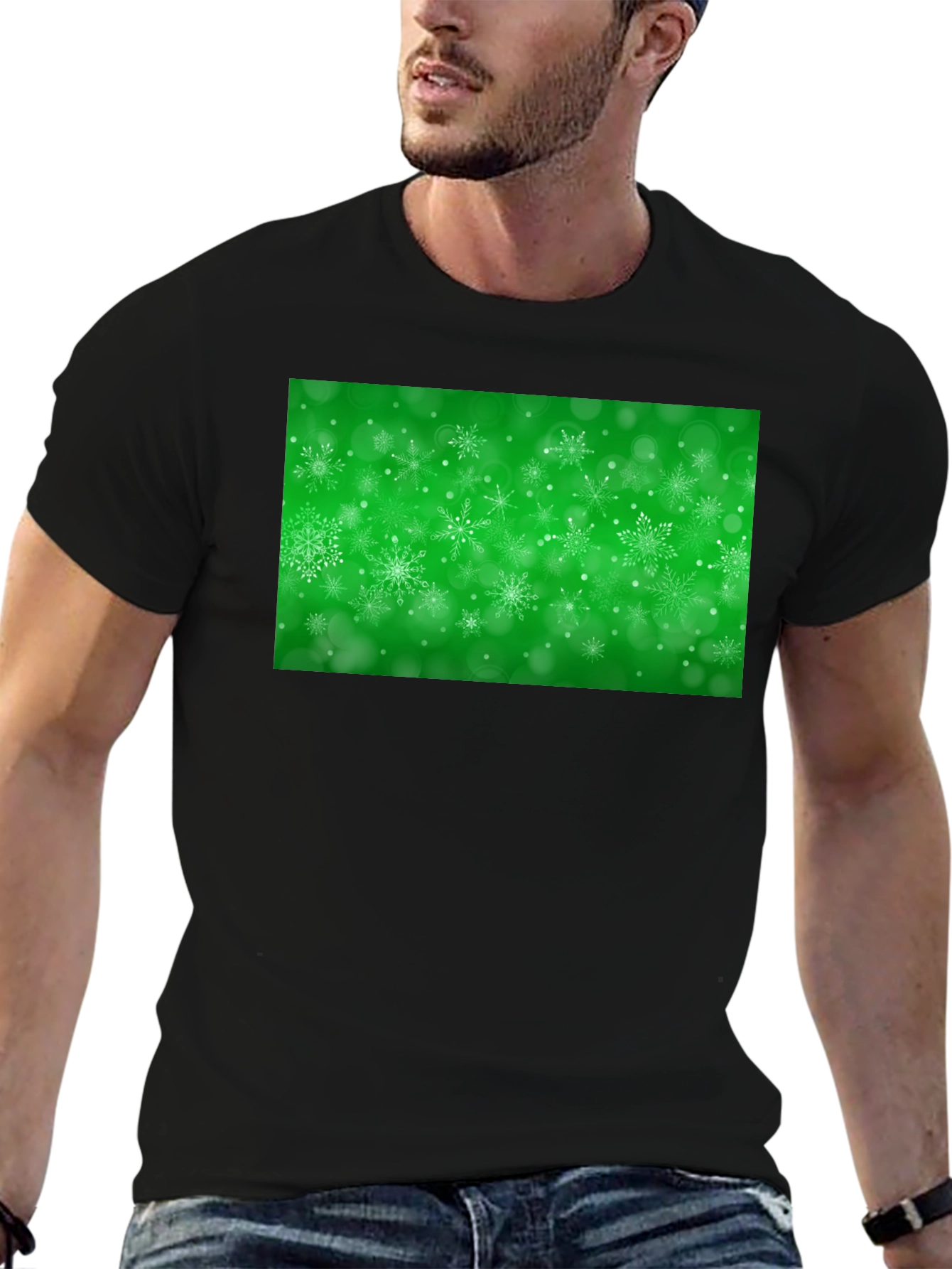 Black Snowflake Festive Green Holiday T-Shirt view 6