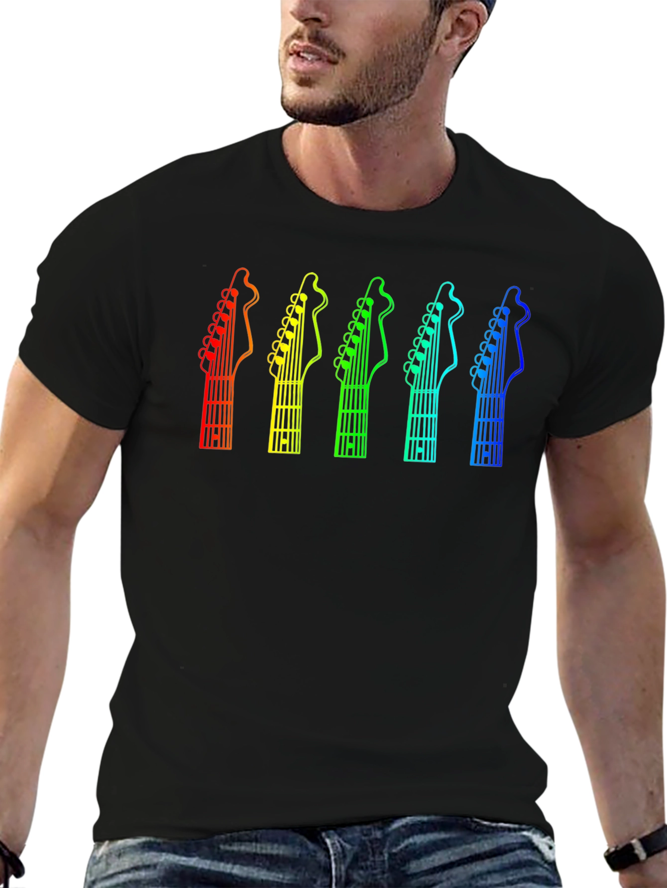 Black Rainbow Guitar Headstock T-Shirt - Music Lover Tee view 6