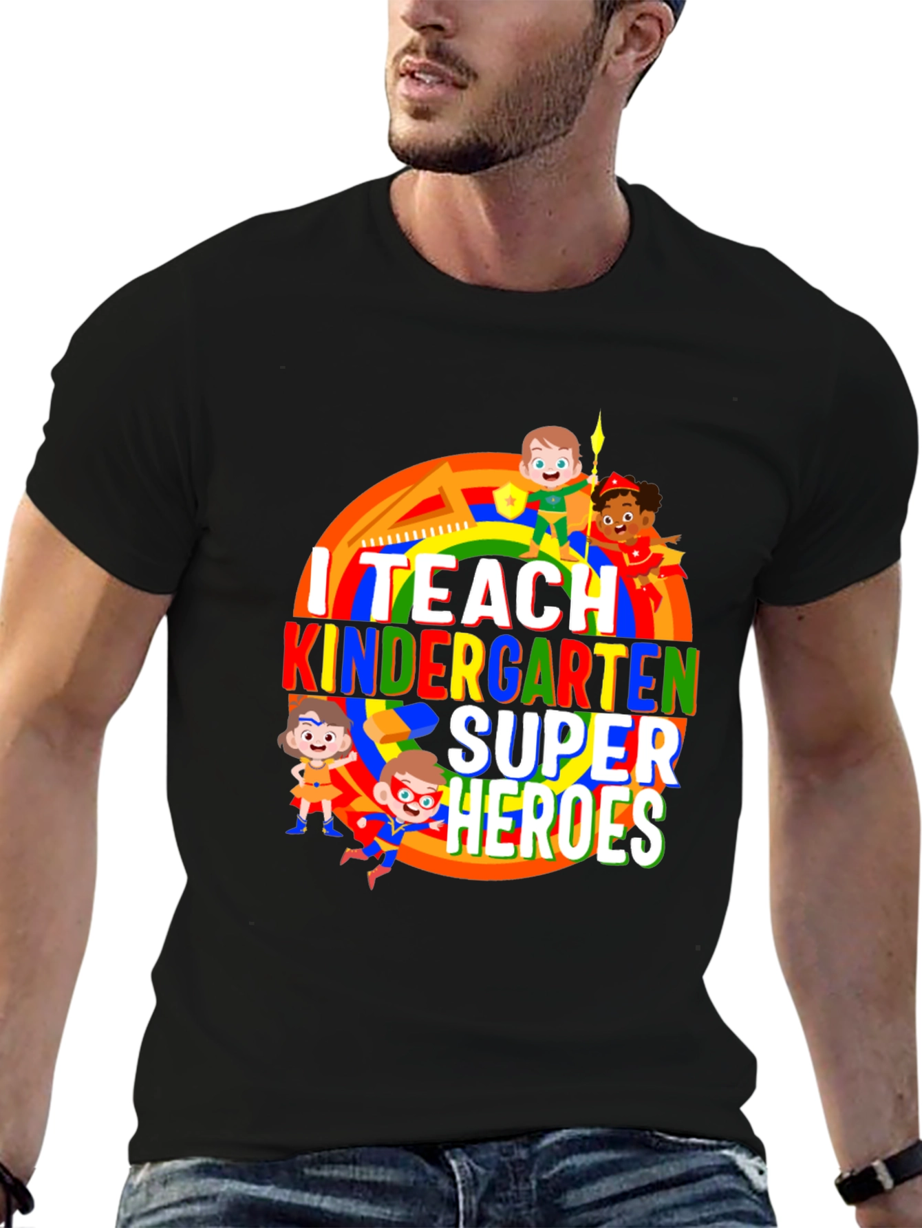I Teach Kindergarten Super Heroes Black T-Shirt - 6