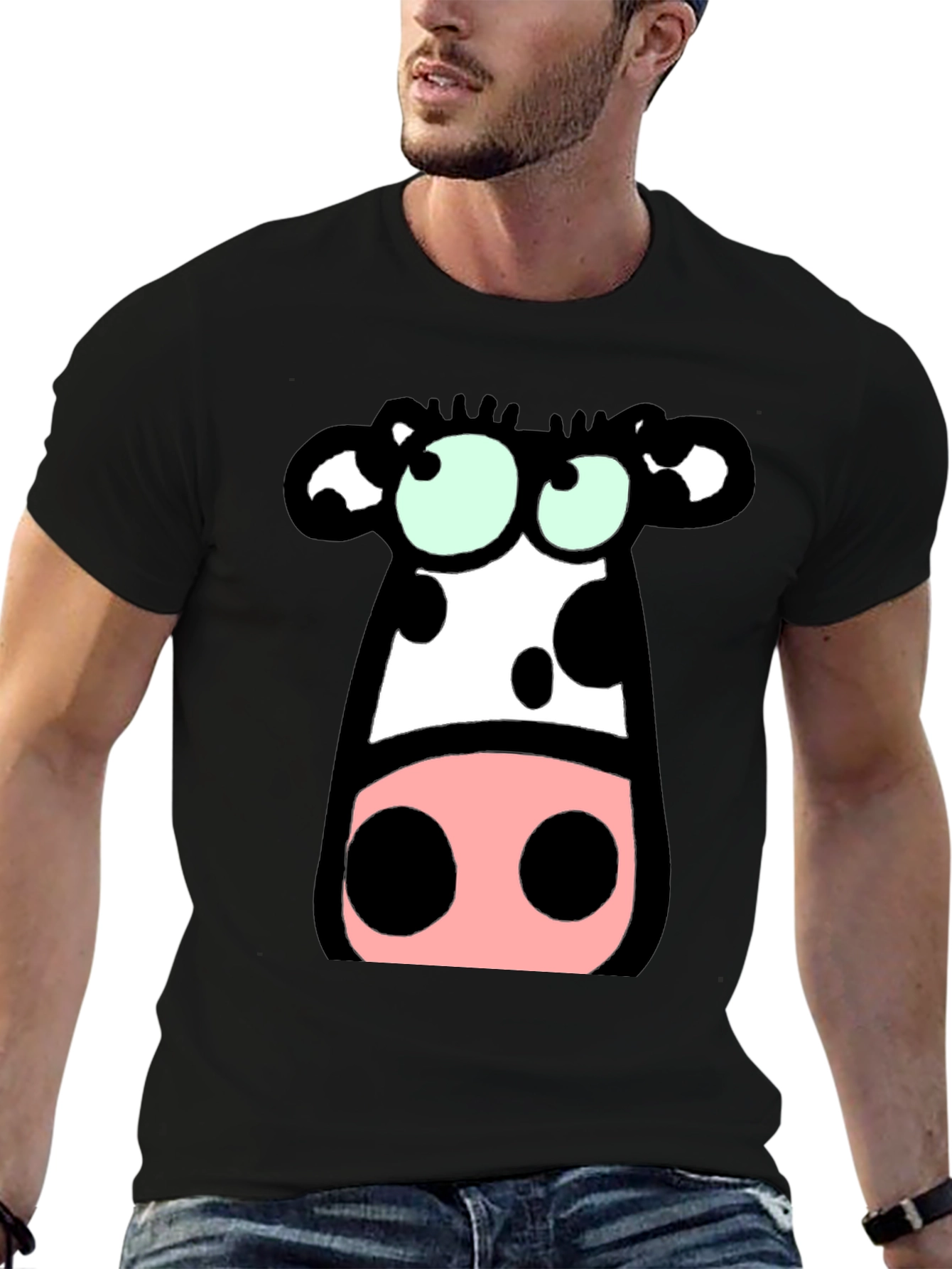 Black Cartoon Cow Graphic Tee - Black Cotton T-Shirt view 6