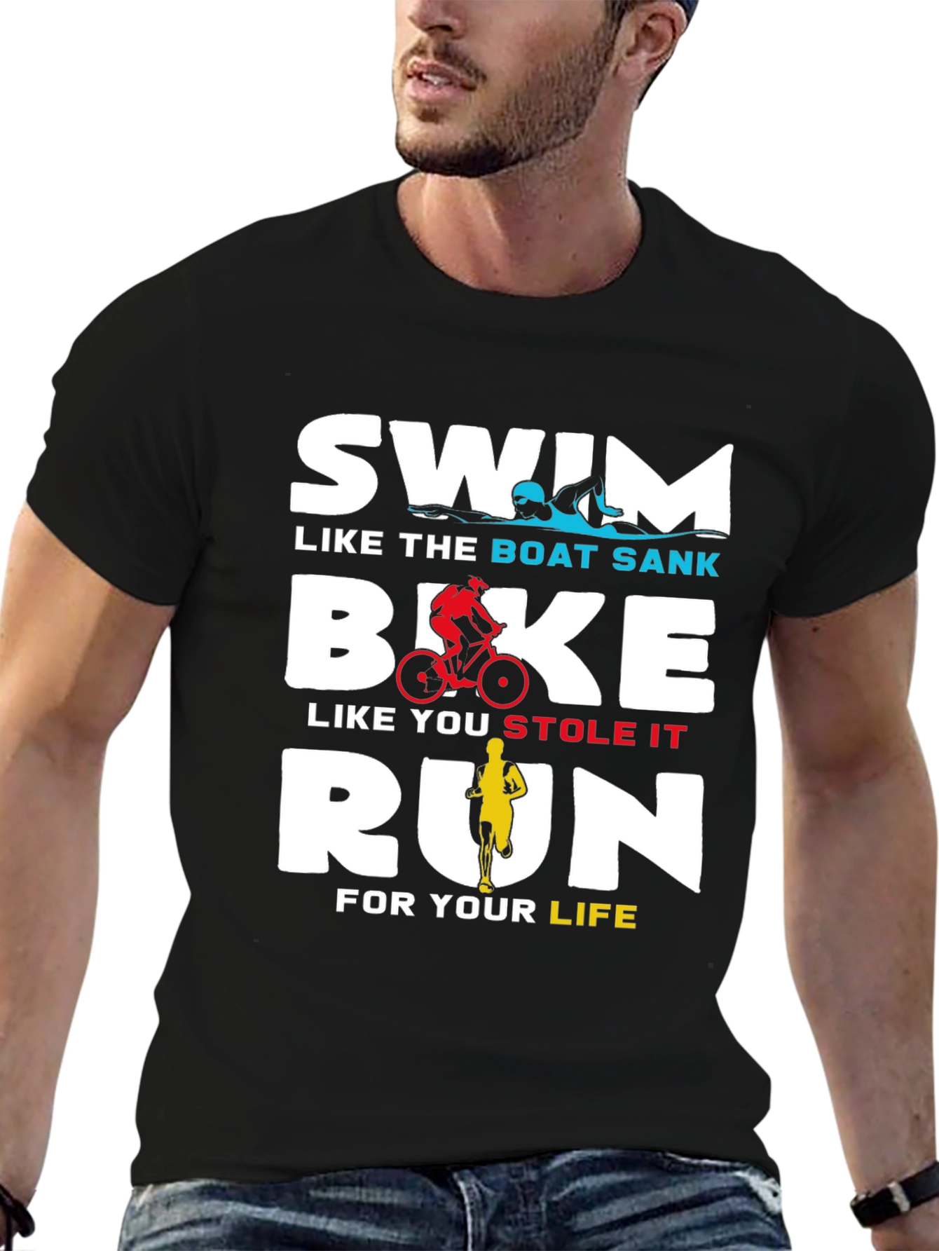 Black Swim Bike Run T-Shirt - Triathlon Training Tee view 6