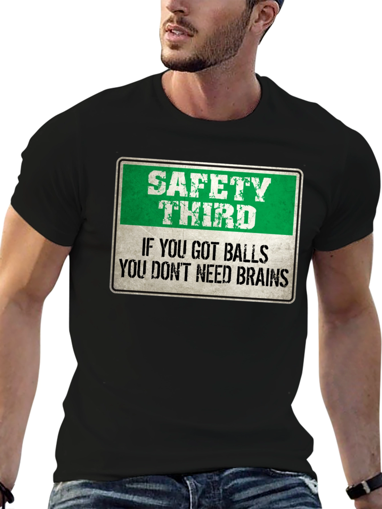 Black Safety Third Graphic Tee - Humorous Mens T-Shirt view 6