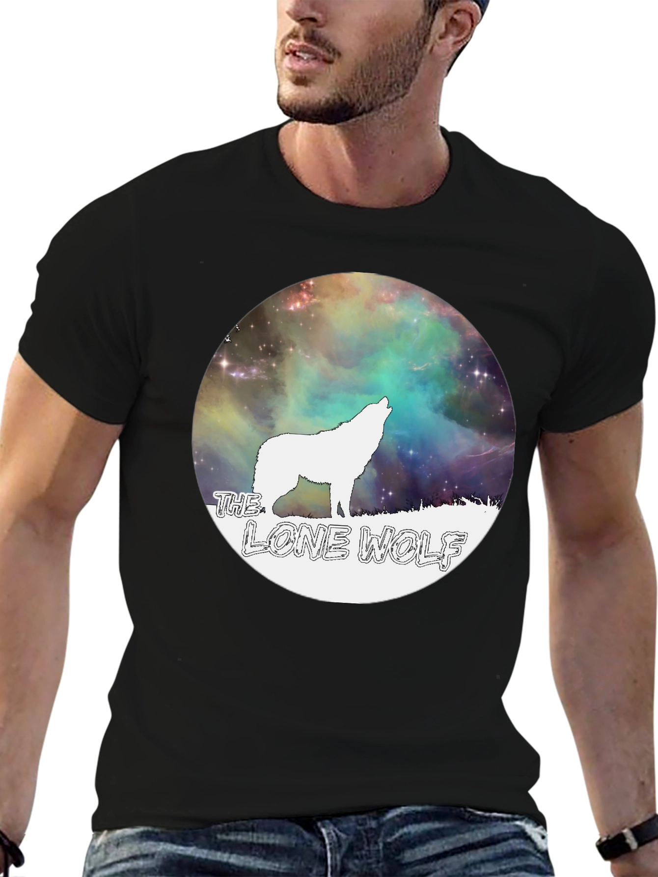 Black Lone Wolf Graphic Tee - Galaxy Design Black T-Shirt view 6