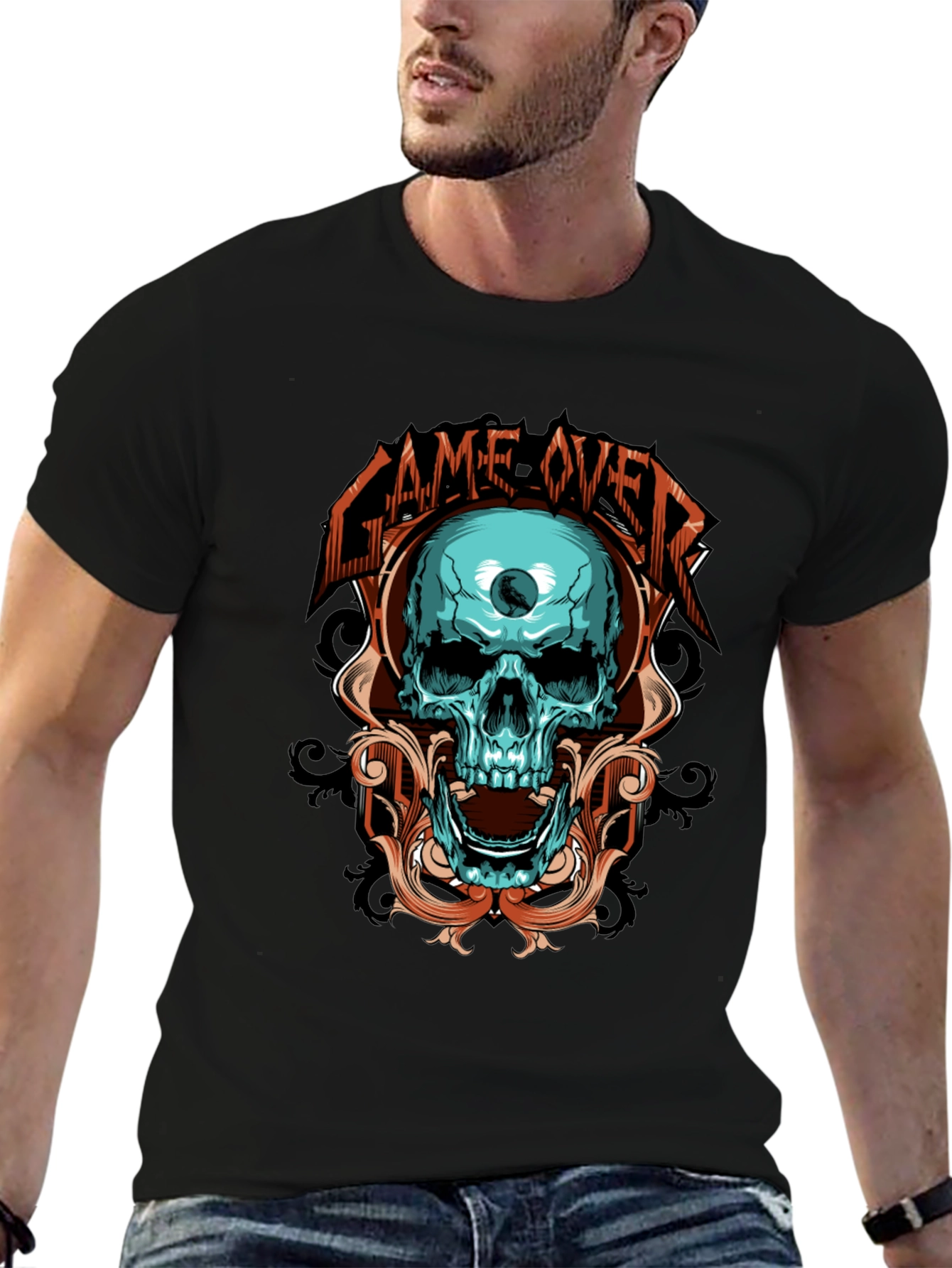 Black Game Over Skull Graphic Black T-Shirt view 6
