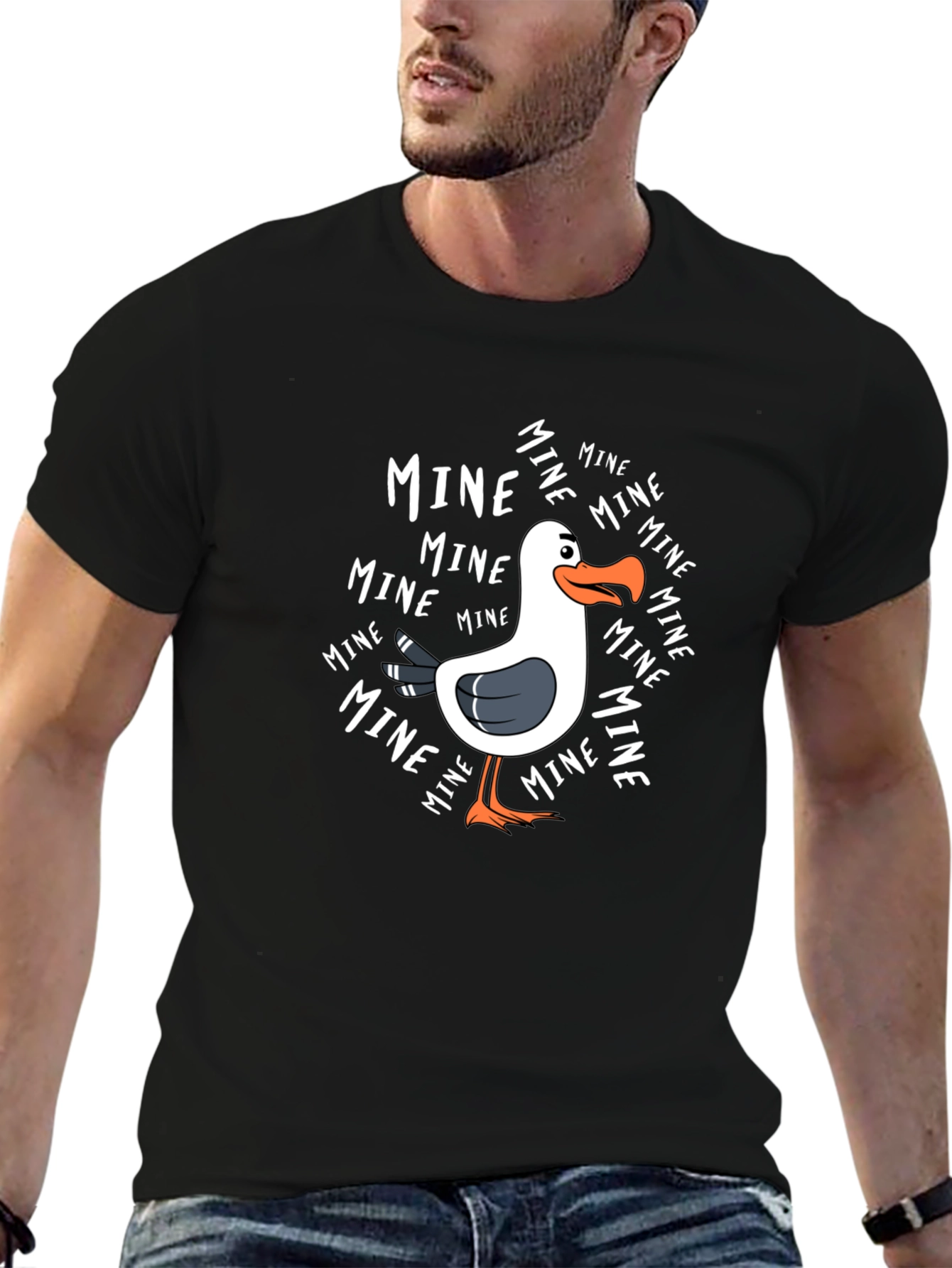Black MINE Seagull Cartoon Black T-Shirt view 6