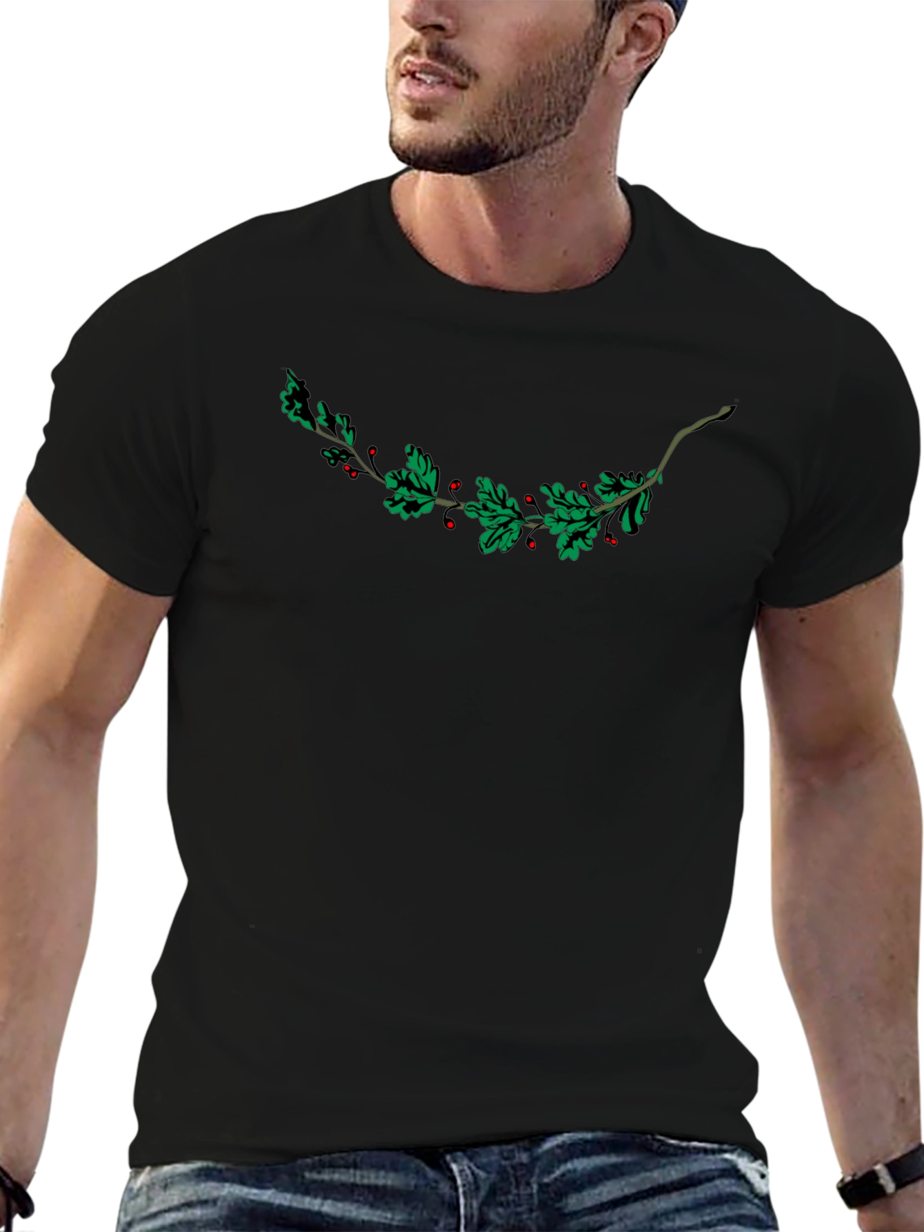 Black Festive Holly Berry Branch Graphic Tee - Black view 6