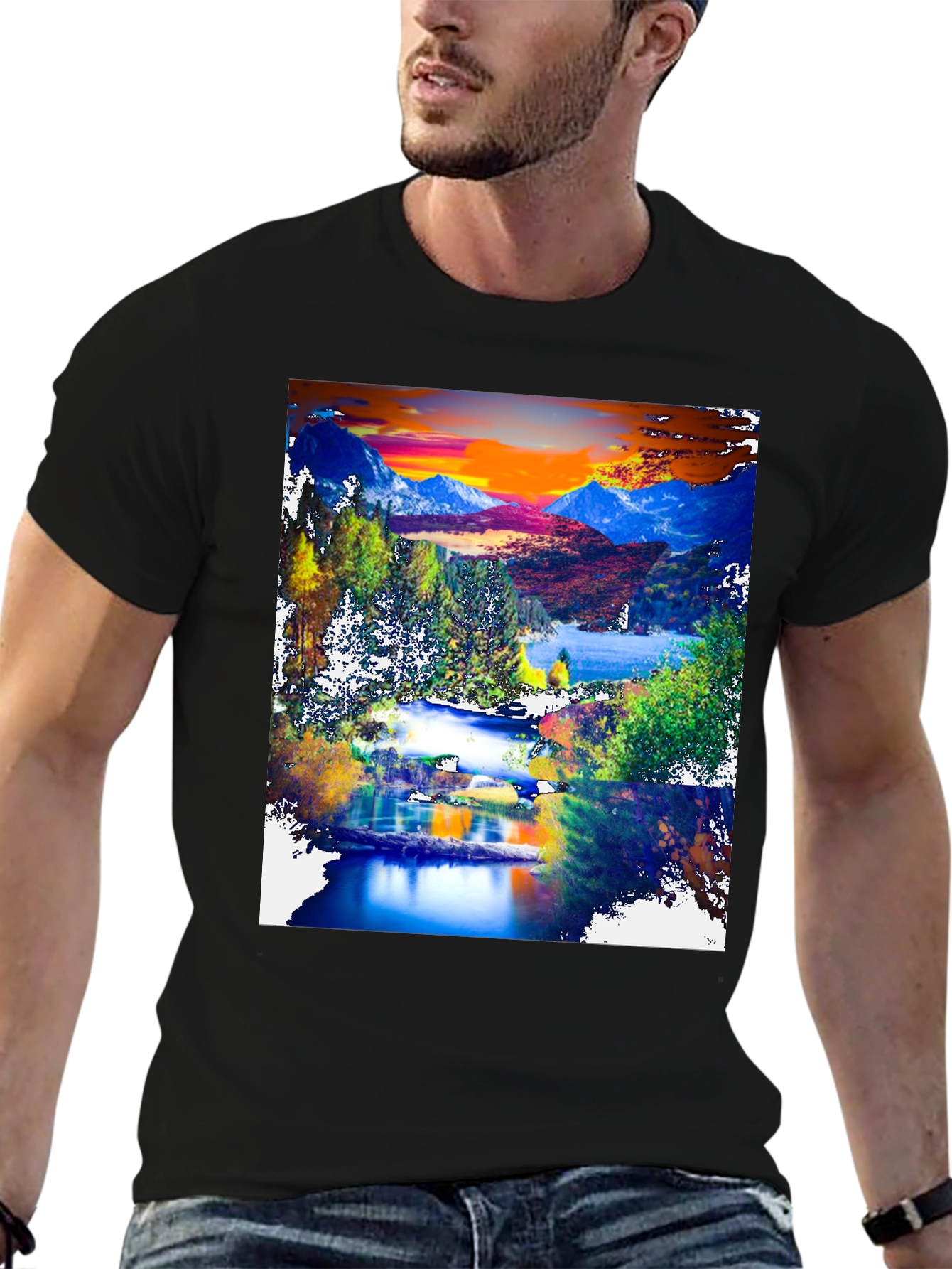 Black Nature's Canvas Tee: Mountain Lake Design view 6