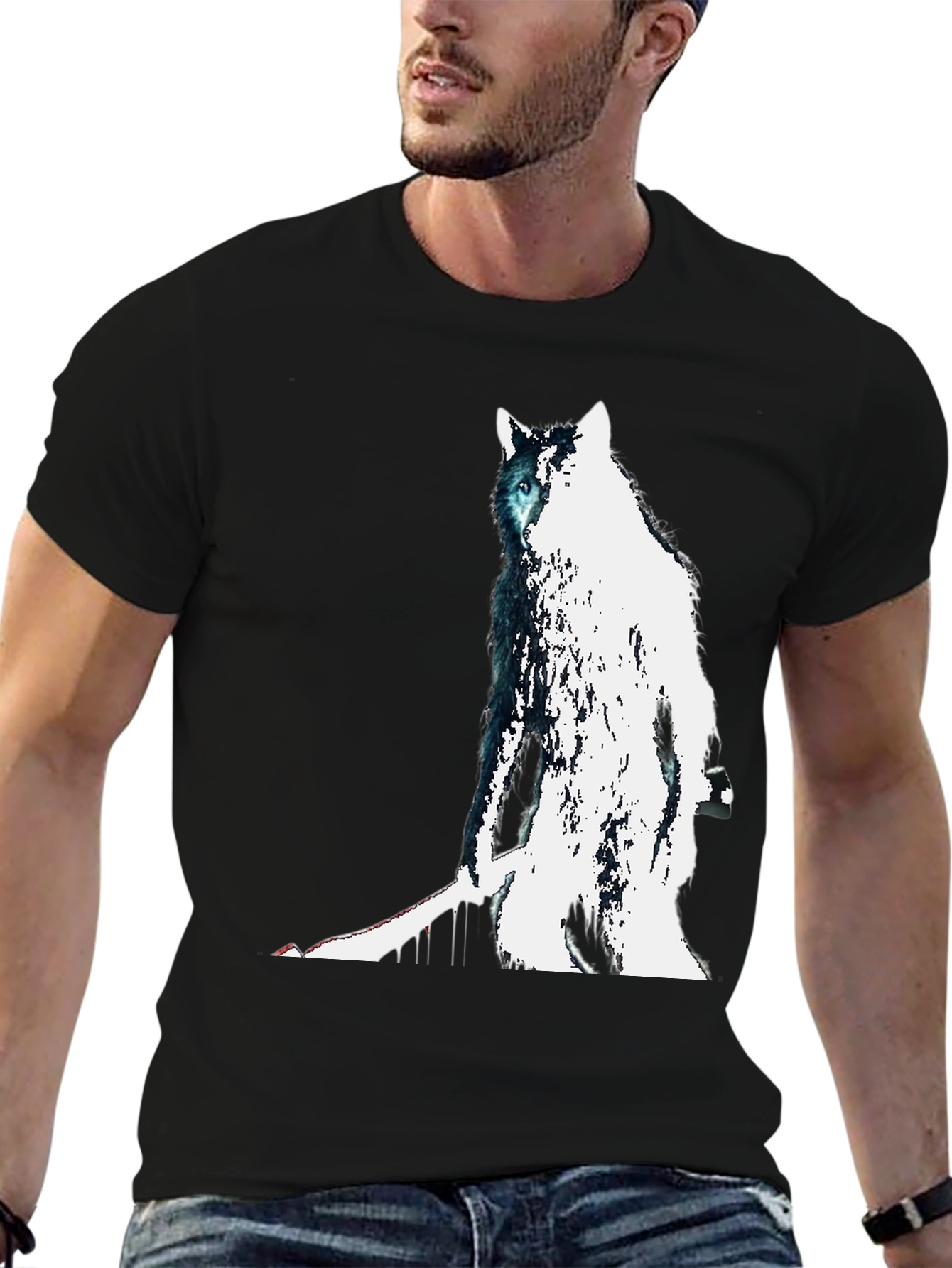 Black Wolf Graphic Print Tee - Men's Black T-Shirt view 6