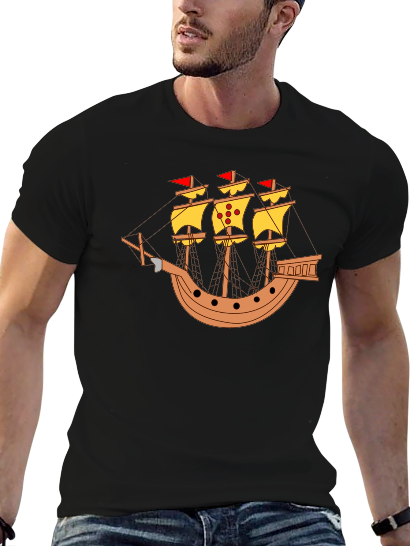 Black Black T-Shirt with Pirate Ship Design view 6
