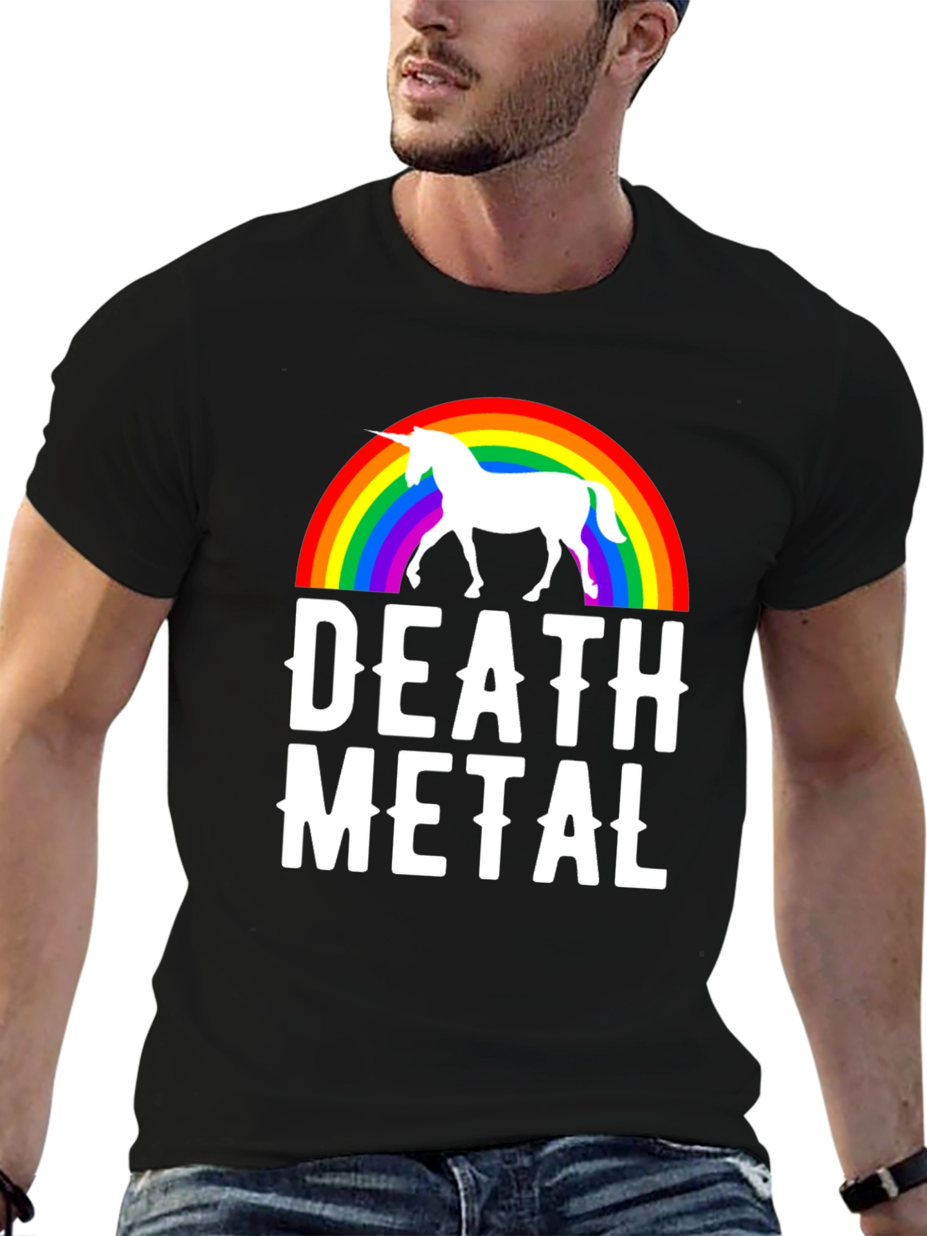 Black Death Metal Unicorn Rainbow T-Shirt - Black Cotton Tee view 6
