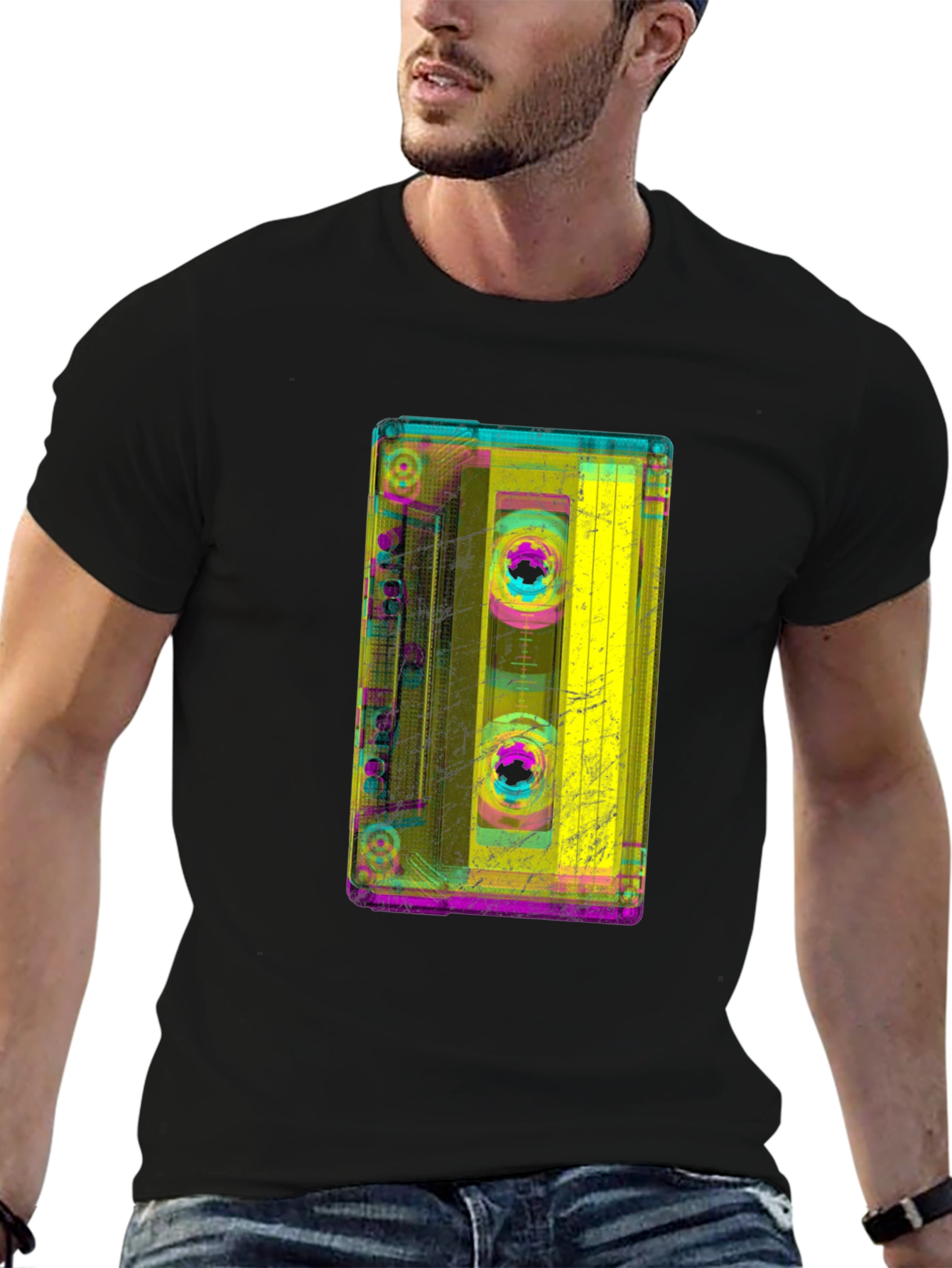 Black Retro Cassette Tape Graphic Tee - Black Cotton T-Shirt view 6