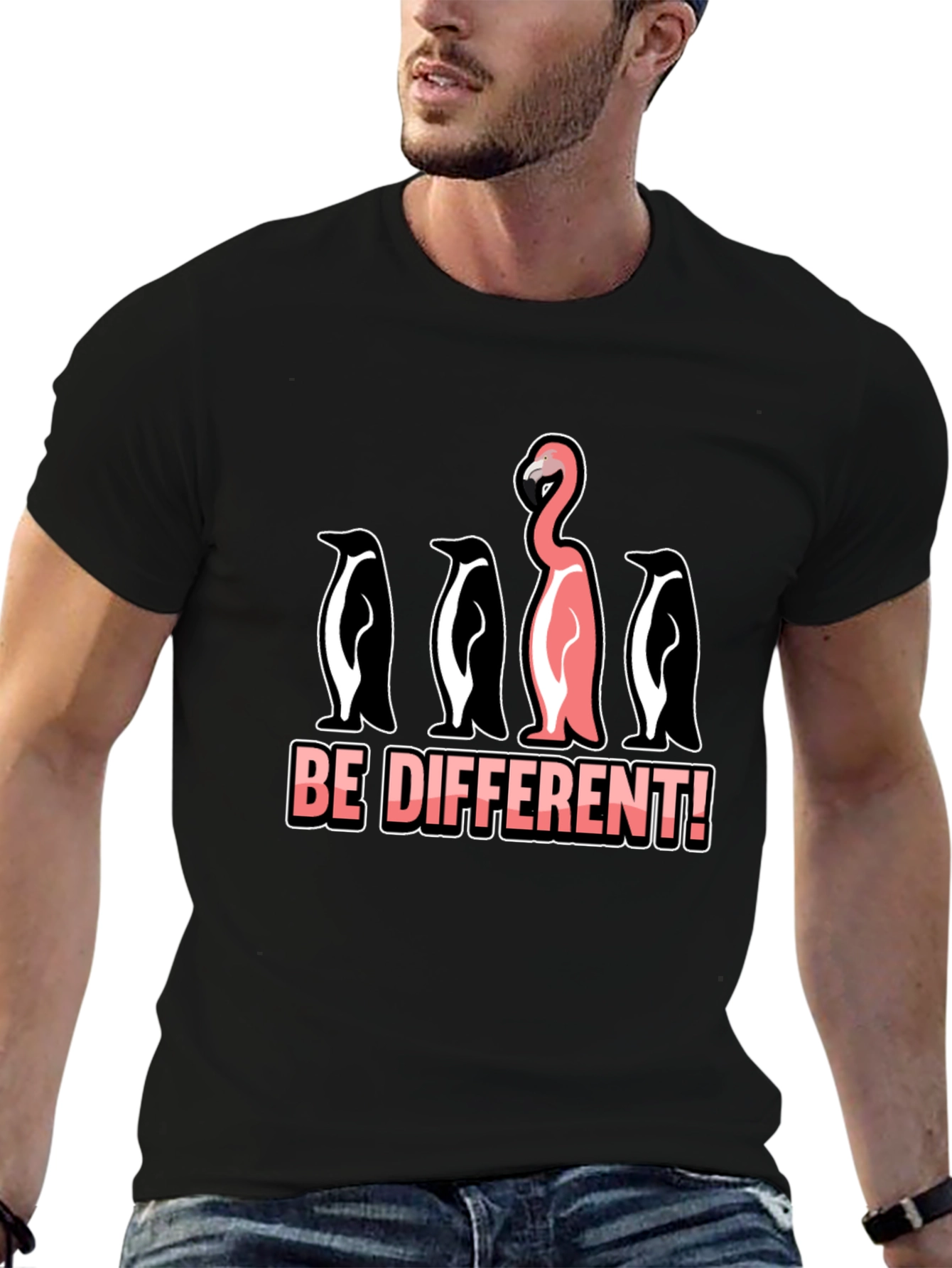 Black Be Different T-Shirt Flamingo Penguin Graphic Novelty Tee view 6