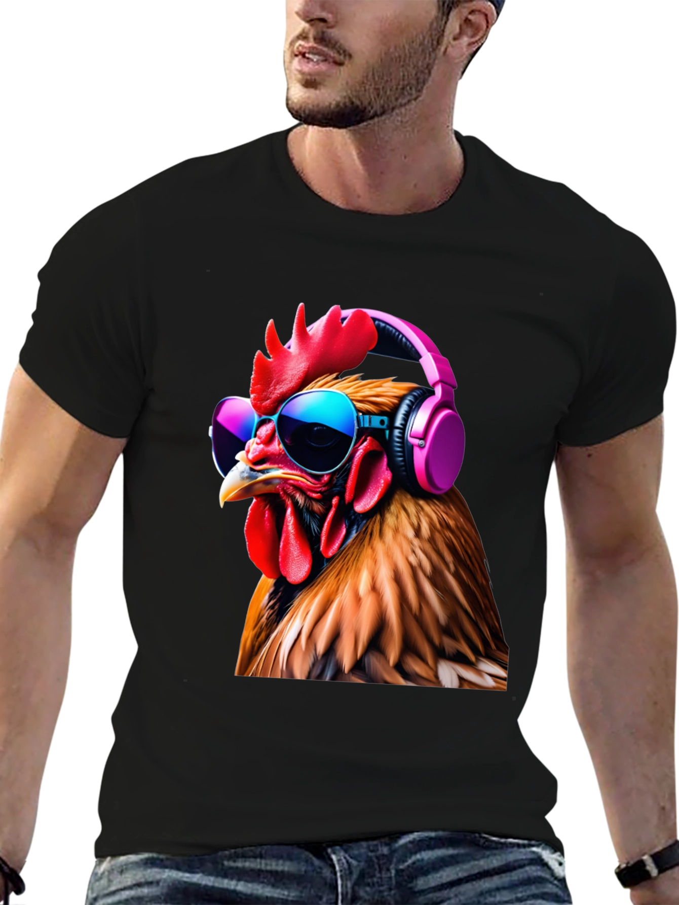 Black Cool Chicken T-Shirt with Headphones and Sunglasses view 6