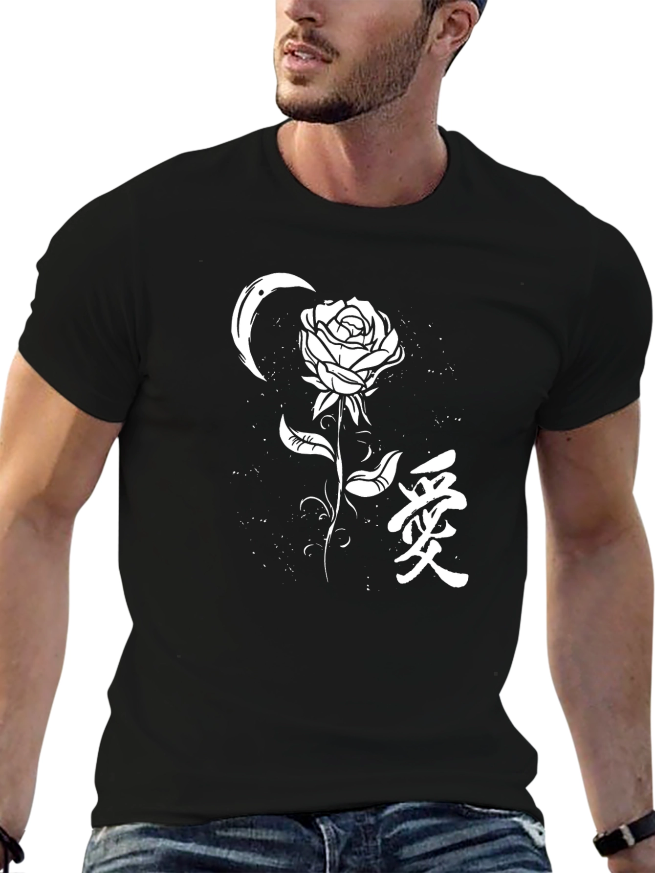 Black Rose & Crescent Moon Graphic Tee - Black view 6