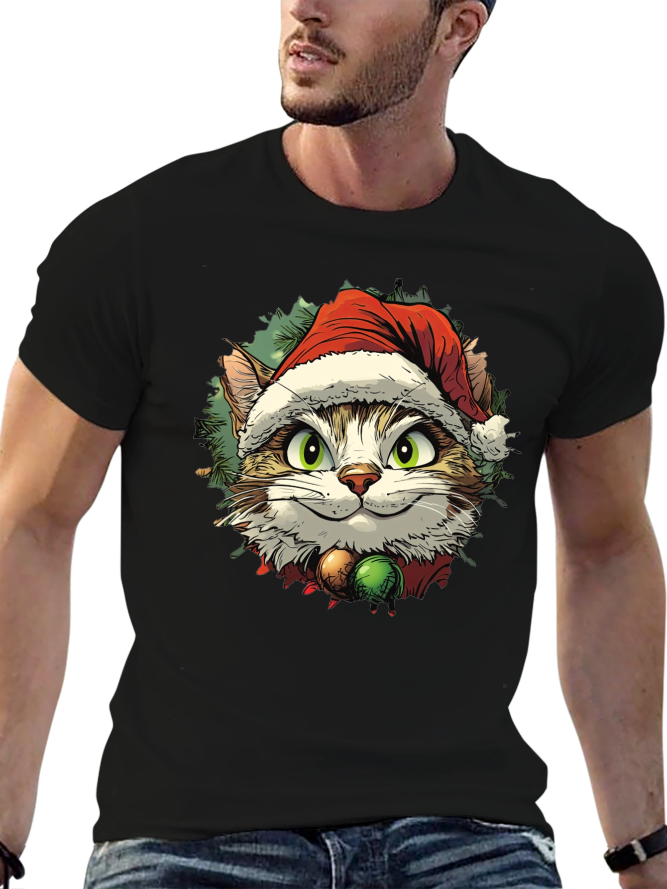 Black Festive Cat T-Shirt - Holiday Cheer view 6
