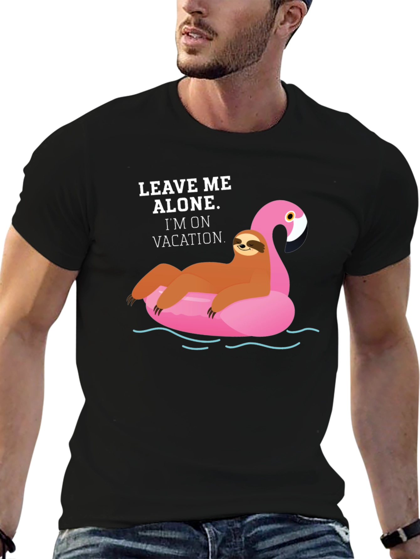 Black Vacation Sloth Flamingo Graphic T-Shirt view 6