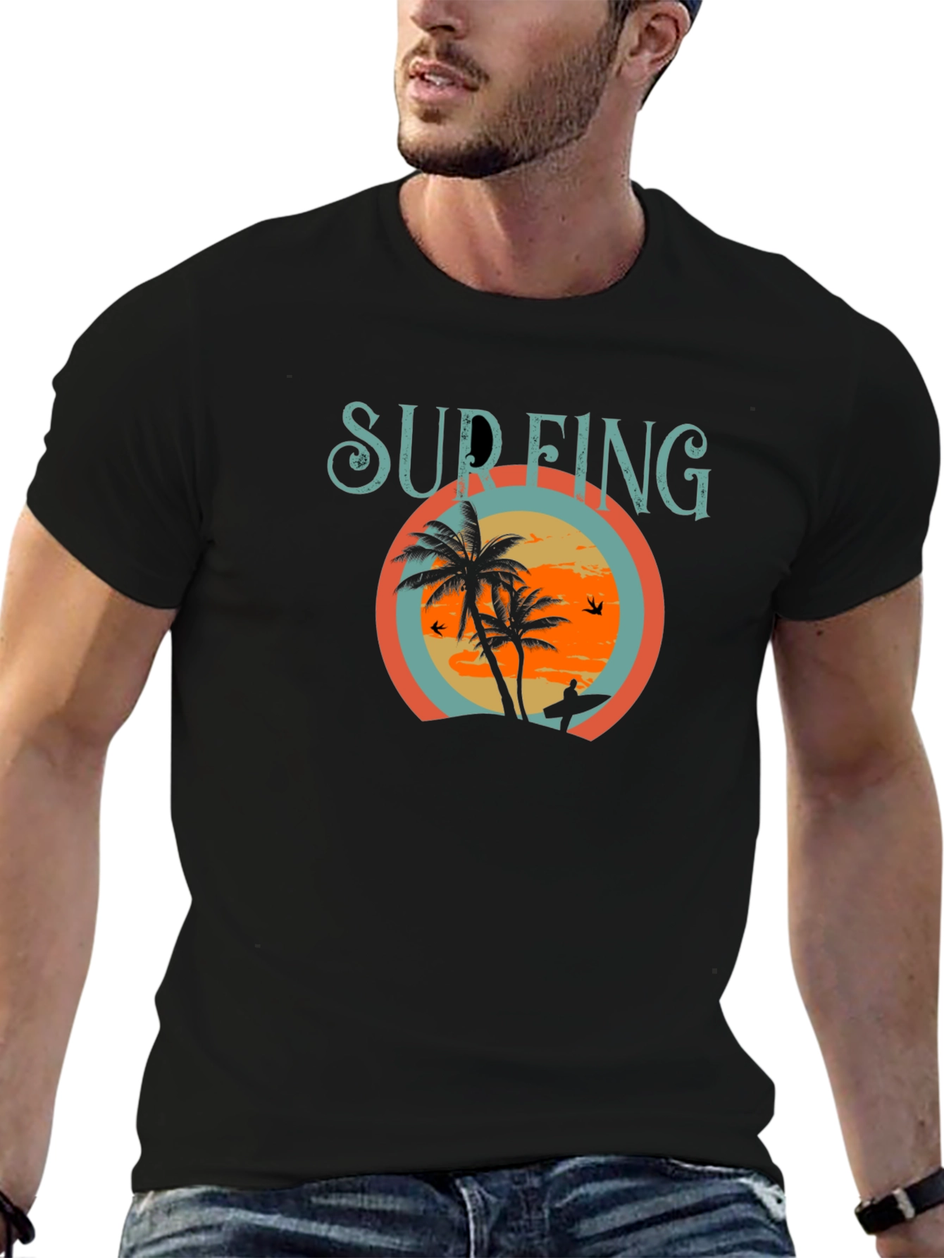 Black Surfing Palm Tree Graphic Tee - Black Cotton T-Shirt view 6