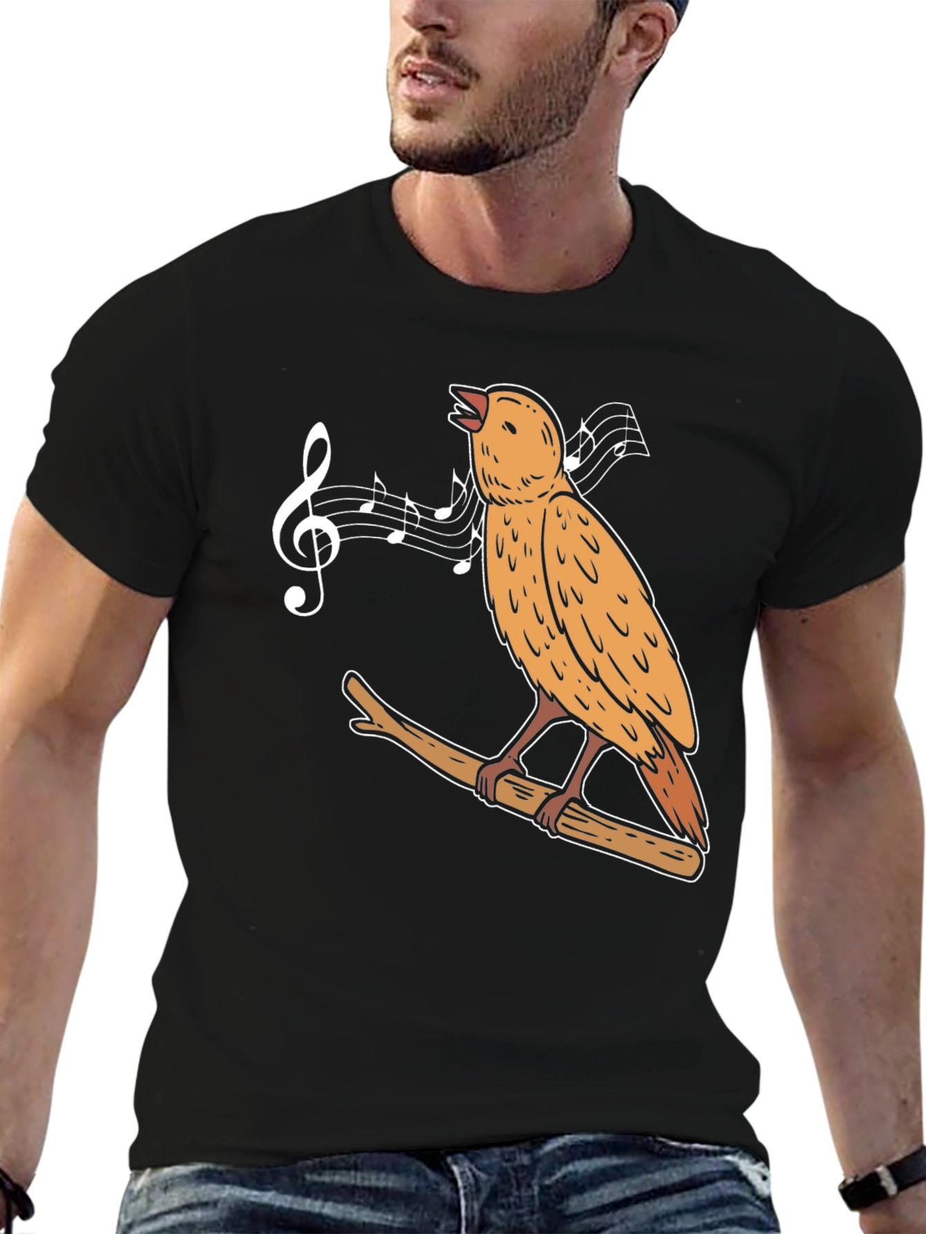 Black Singing Bird Graphic Tee - Black Casual Cotton T-Shirt view 6