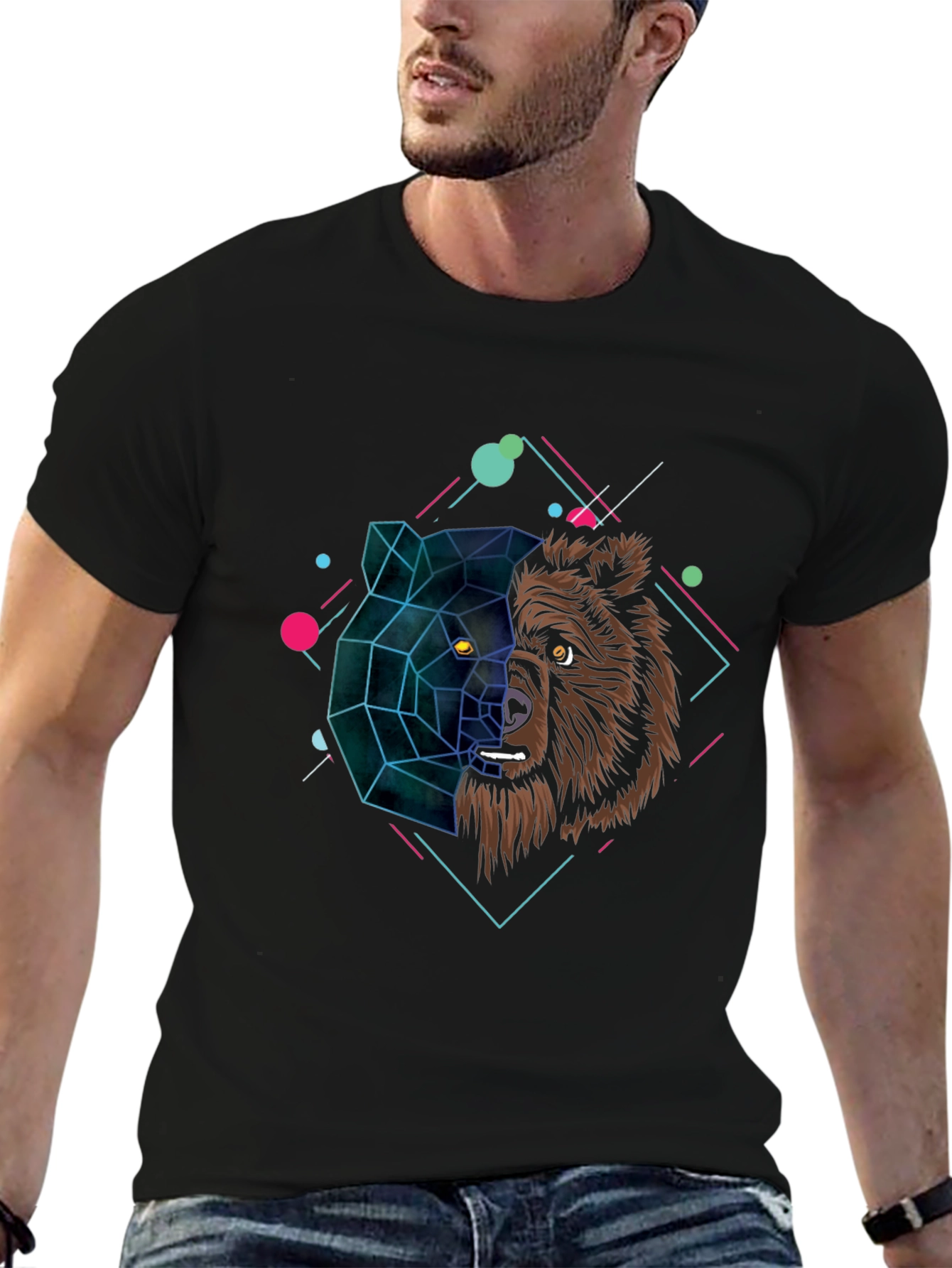 Black Geometric Bear Graphic Black T-Shirt view 6