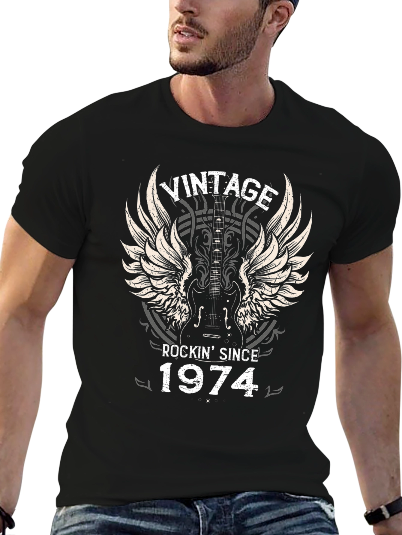 Black Vintage Rockin' Since 1974 Graphic T-Shirt view 6
