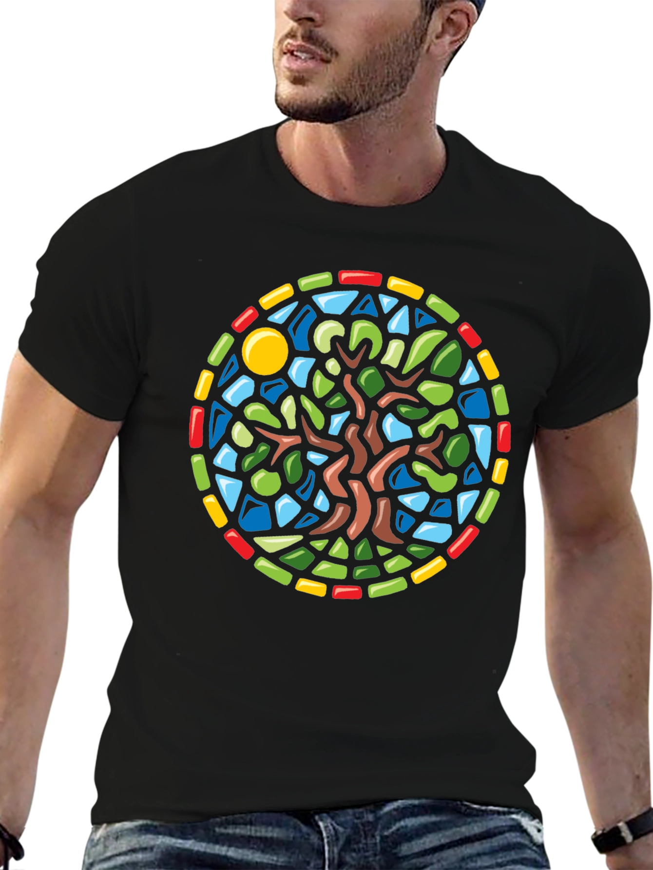 Black Stained Glass Tree Graphic Black T-Shirt view 6