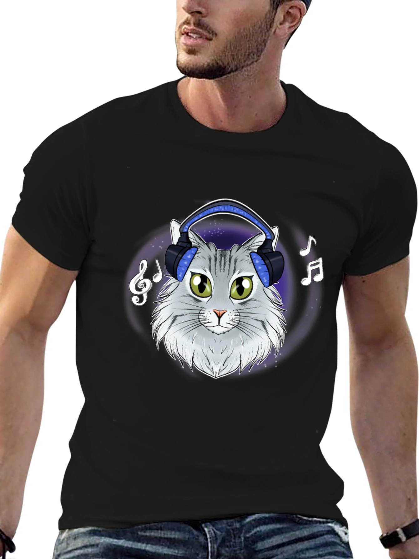 Black Cat DJ T-Shirt - Cool Feline Headphones Music Tee view 6