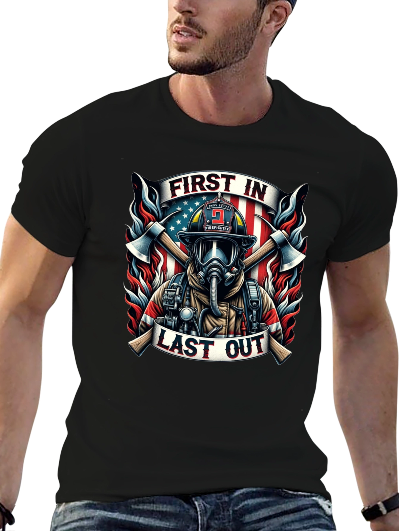 Black First In Last Out Firefighter Graphic Tee view 6