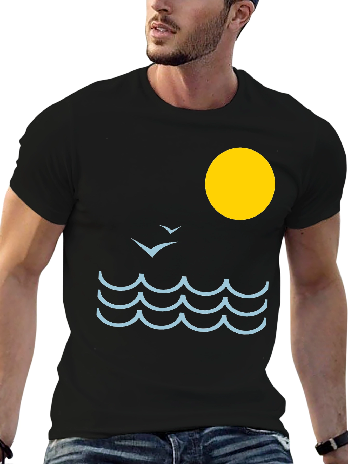 Black Ocean Wave Graphic Tee - Black Cotton Comfort view 6