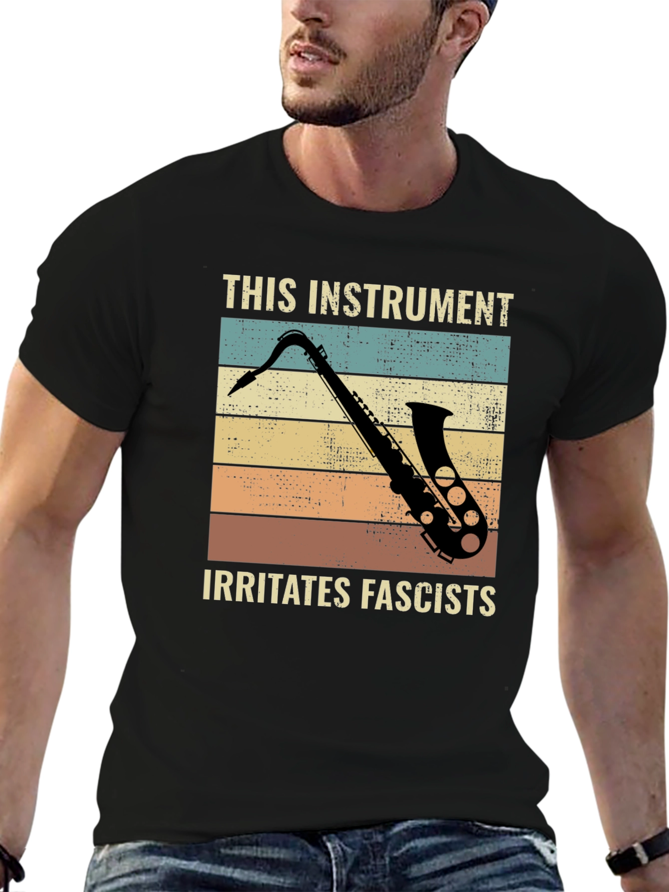 Black Saxophone Irritates Fascists Graphic Tee view 6