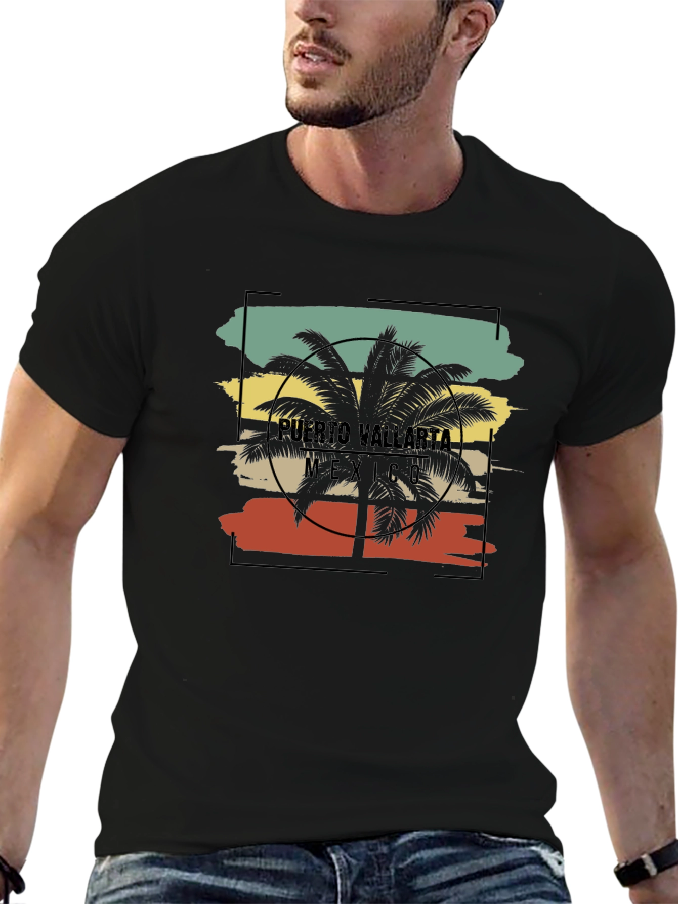Black Puerto Vallarta Retro Palm Tree Black T-Shirt view 6