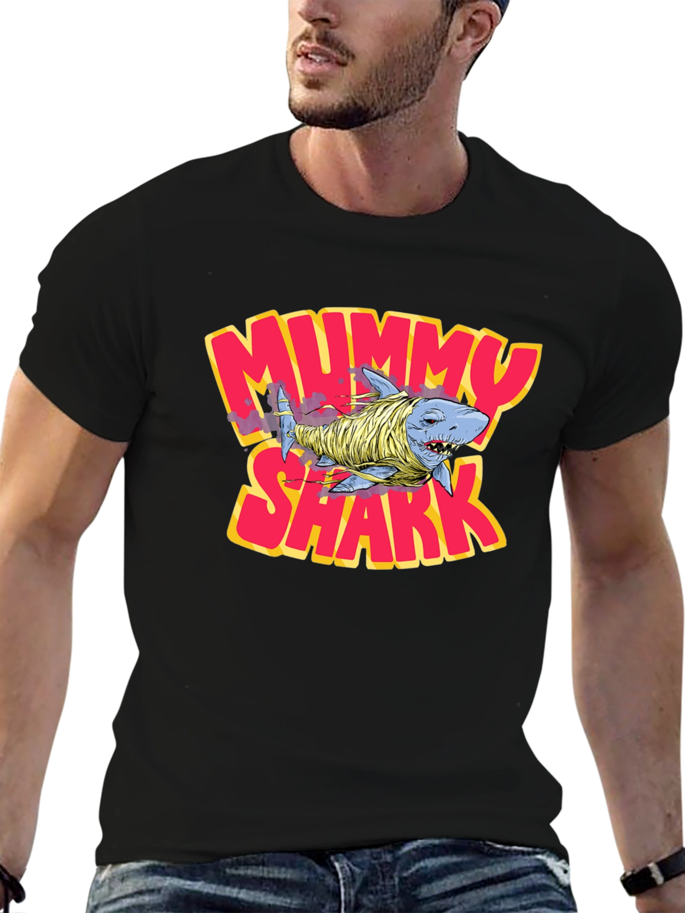 Black Mummy Shark Graphic T-Shirt - Black Crew Neck Tee view 6
