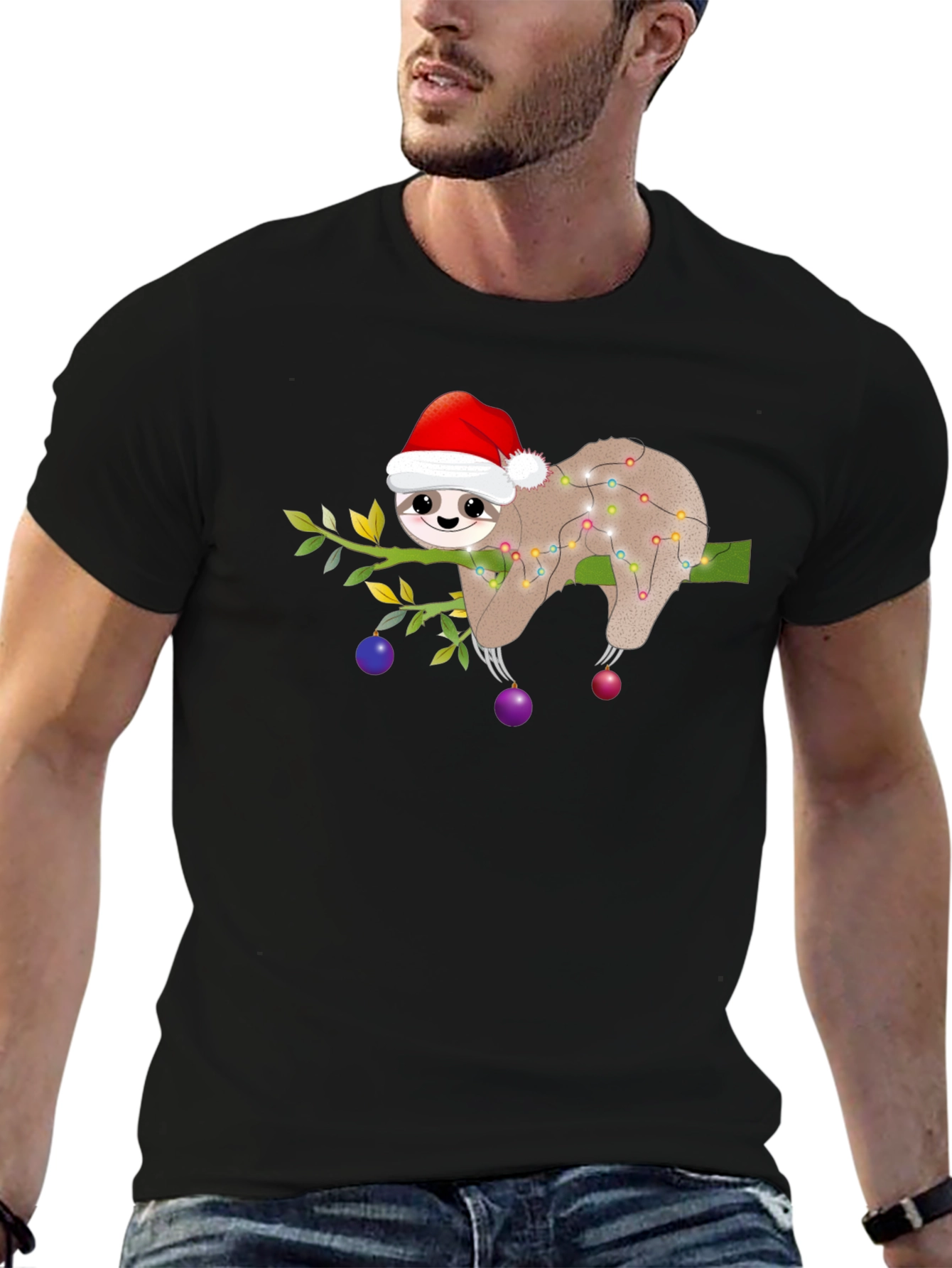 Black Christmas Sloth T-Shirt - Holiday Party Ready view 6