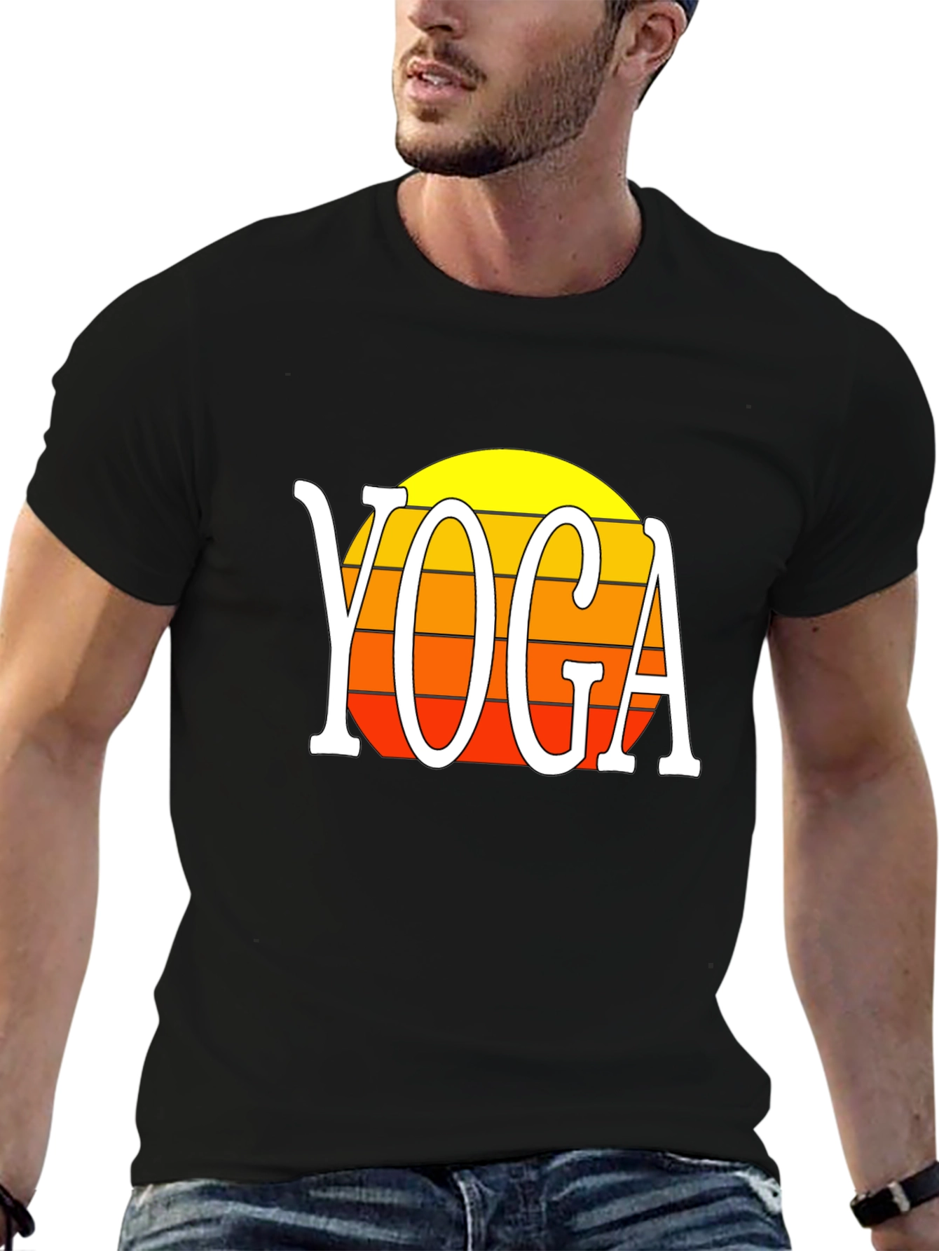 Black Yoga Sunset Graphic Tee - Retro Style Shirt view 6