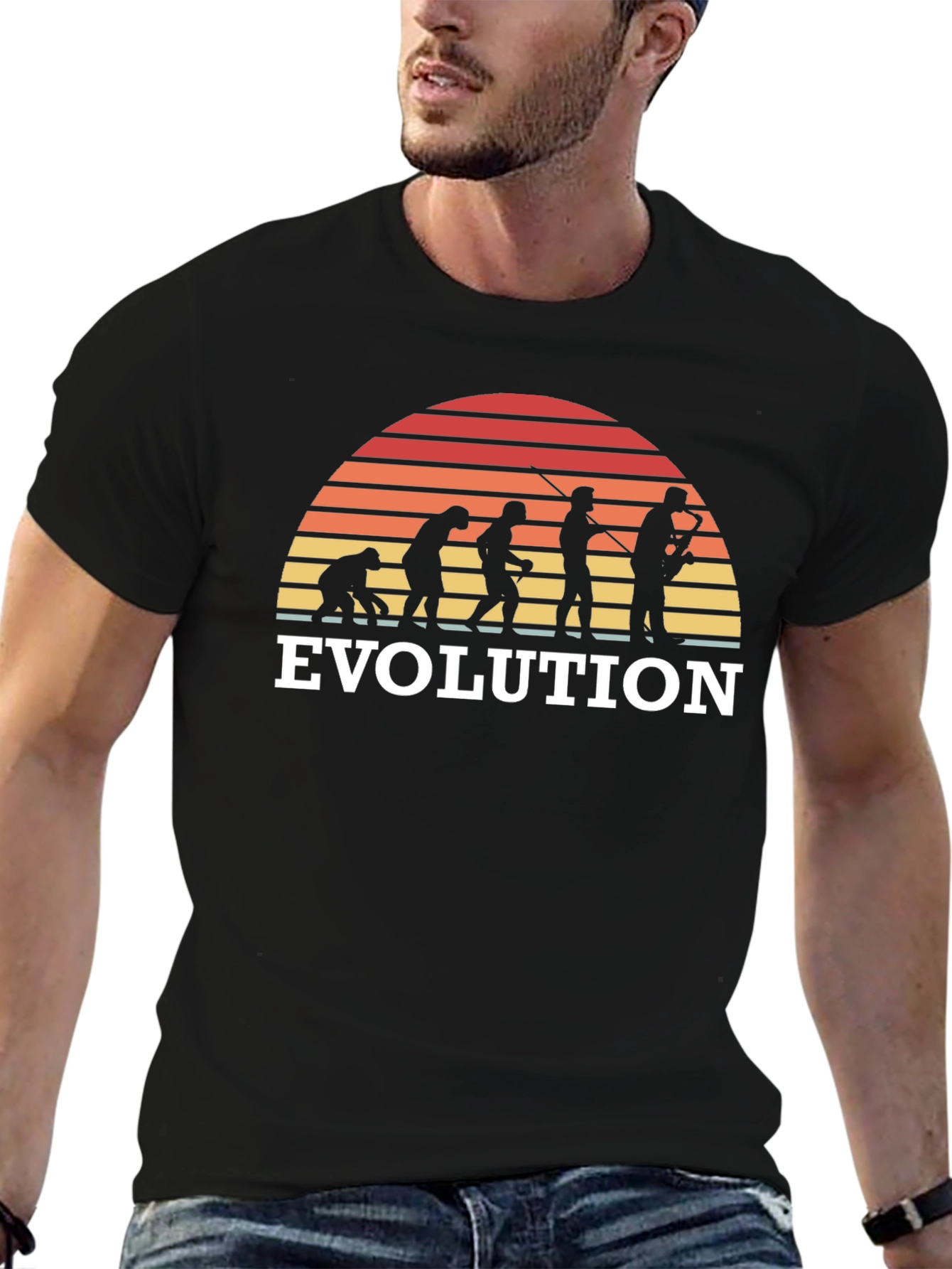 Black Evolution Sunset T-Shirt - Humorous Tee for Science & Music Lovers view 6