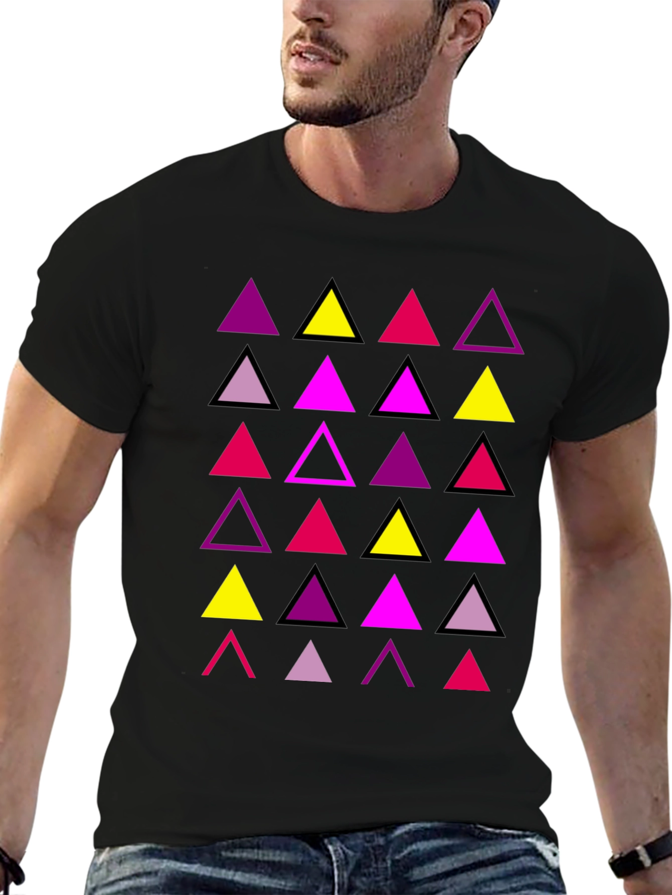 Black Geometric Triangle Print Men's T-Shirt view 6