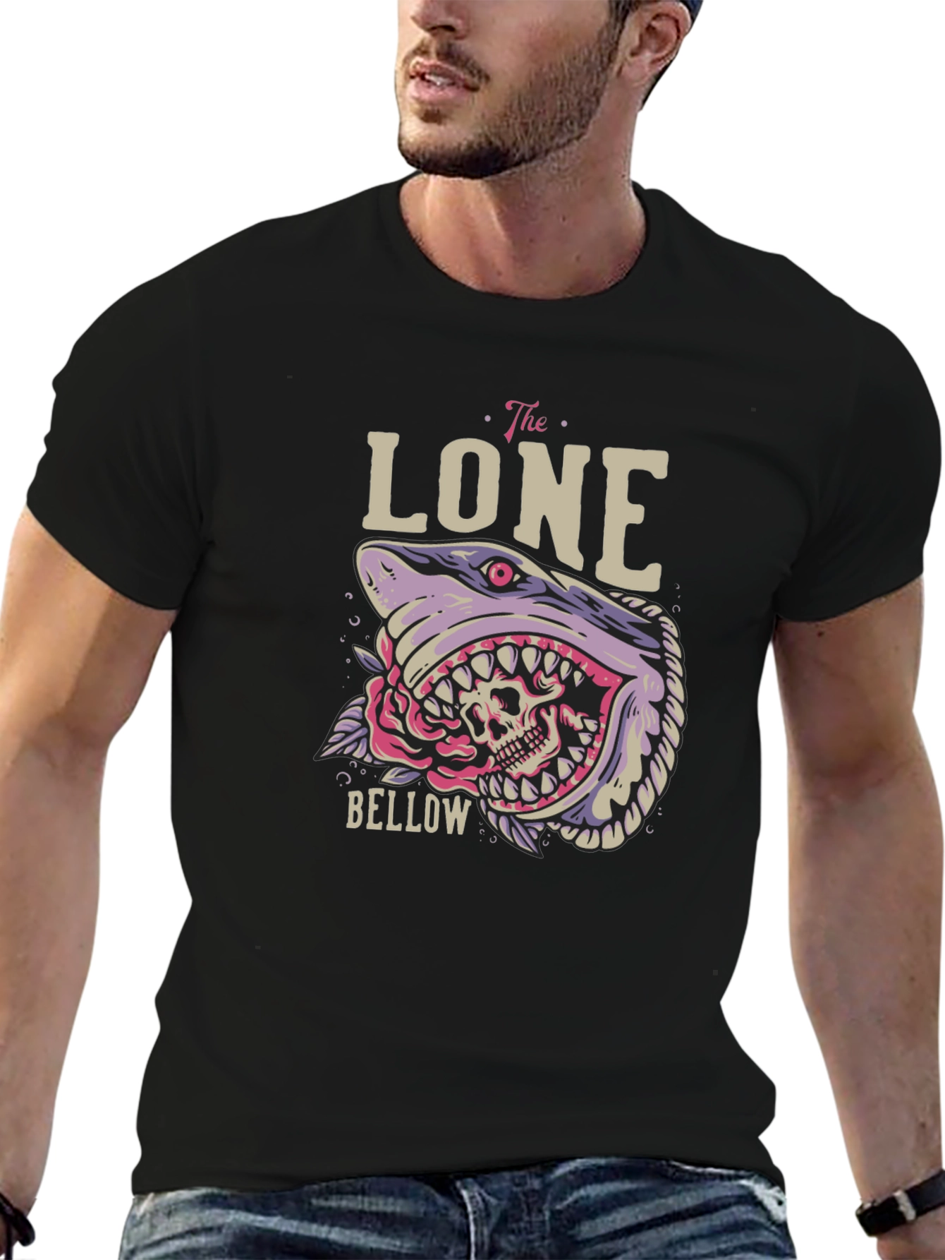Black The Lone Bellow Graphic Tee - Shark Skull Design view 6