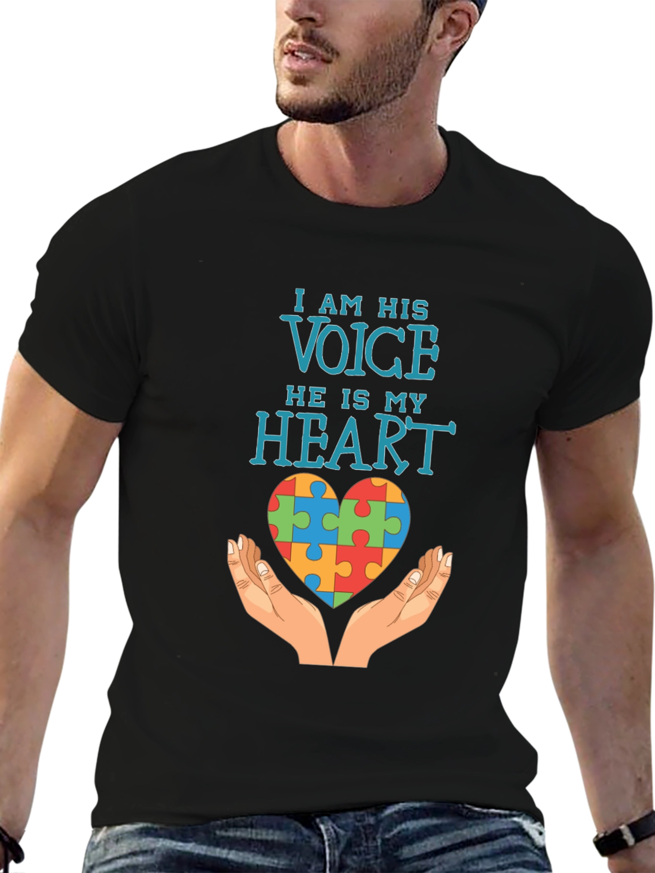 Black Autism Awareness T-Shirt: I Am His Voice, He Is My Heart view 6