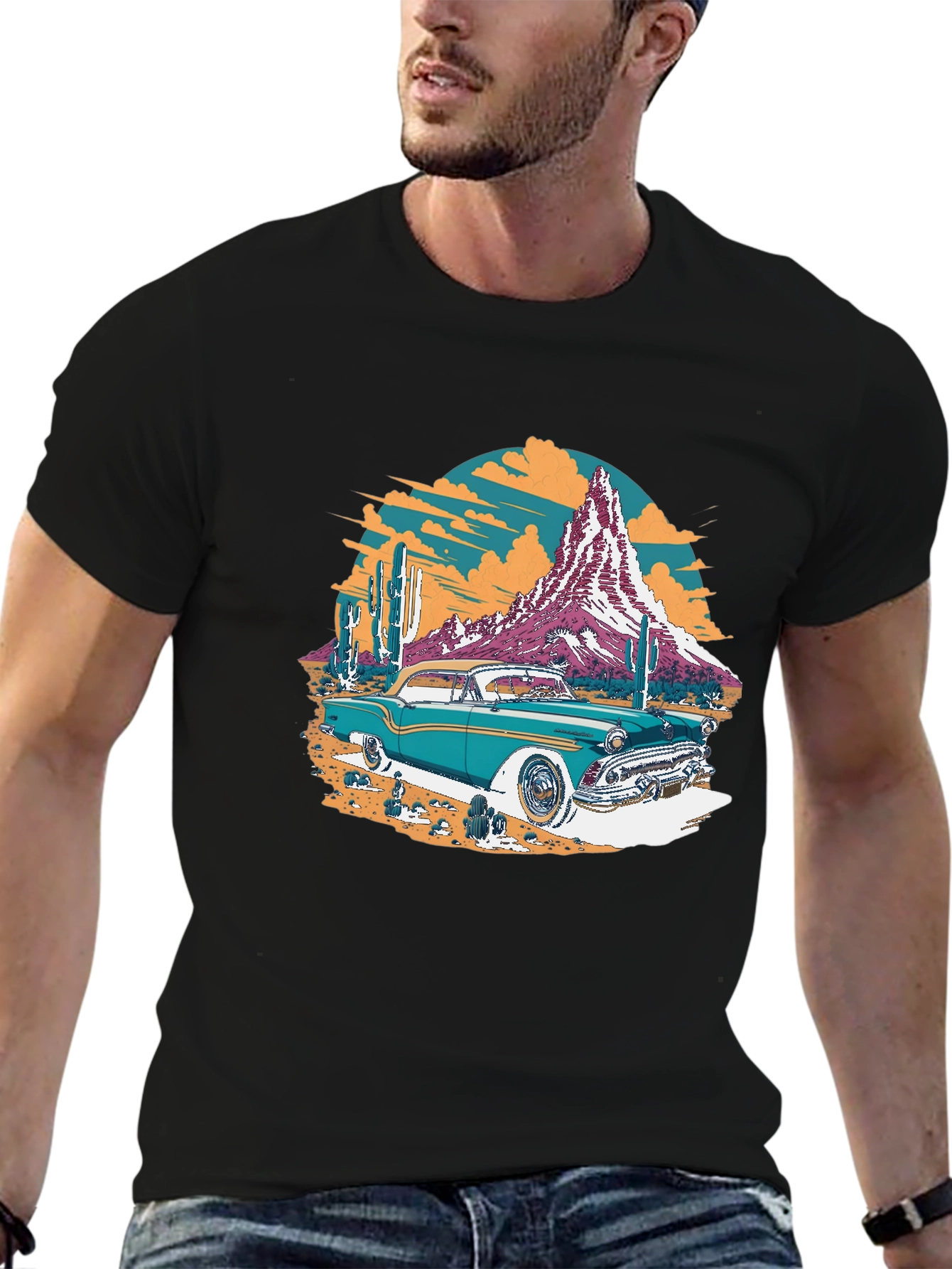 Black Retro Desert Car Graphic Tee - Classic Cool T-Shirt view 6