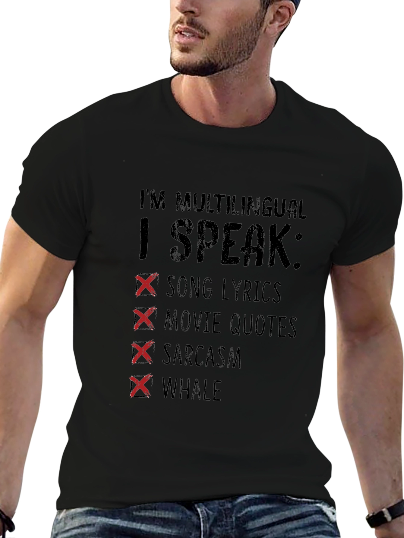 Black Multilingual T-Shirt: Song Lyrics, Movie Quotes, Sarcasm, Whale view 6