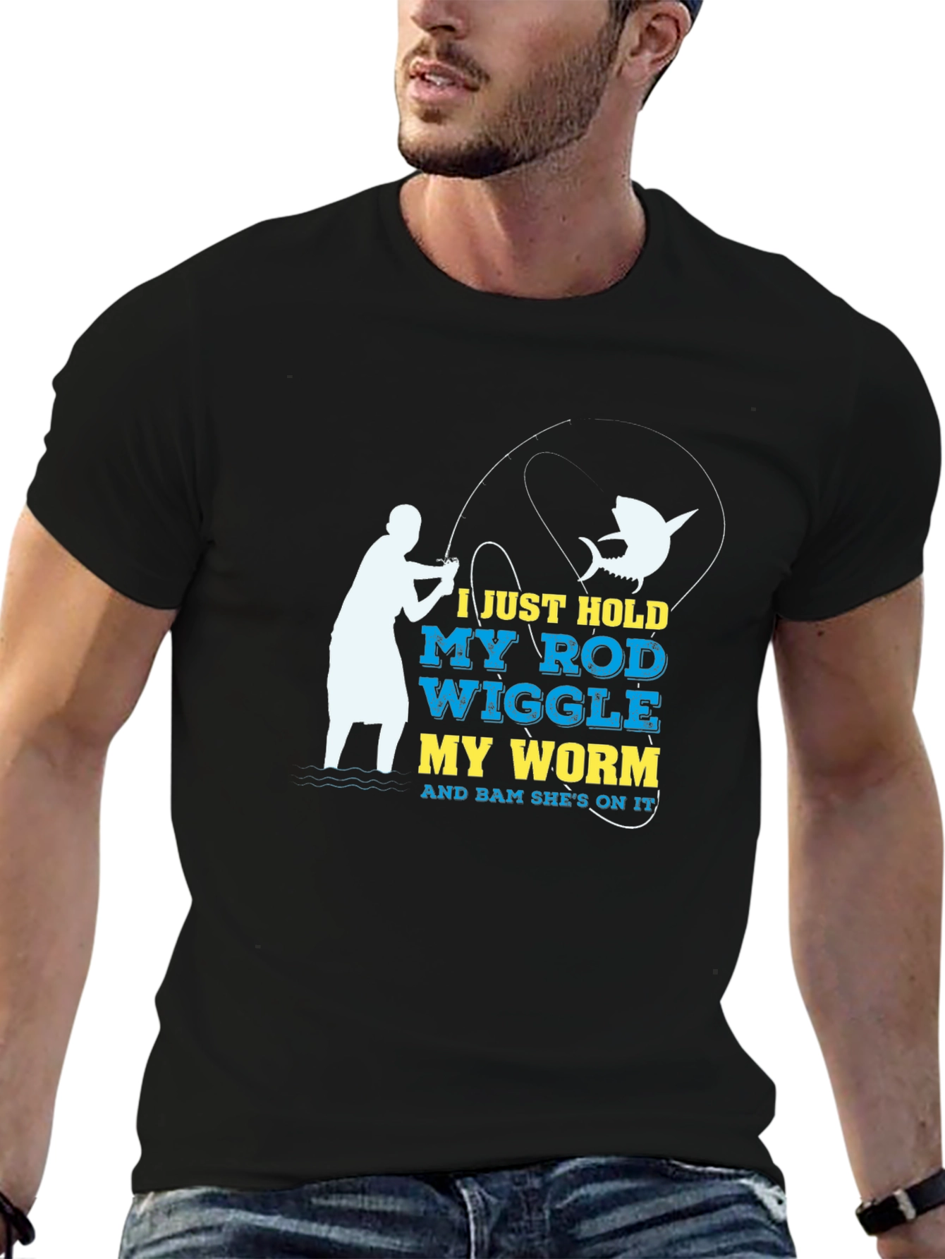 Black Funny Fishing T-Shirt - Hold My Rod Wiggle My Worm view 6